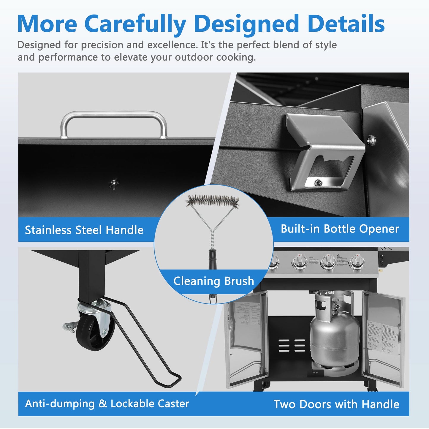 SEGMART 4 Burner BBQ Propane Gas Grill, Stainless Steel 40,000 BTU Patio Garden Barbecue Grill with Folding Side Tables, Cleaning Brush & Thermometer, Perfect for Camping, Outdoor Cooking