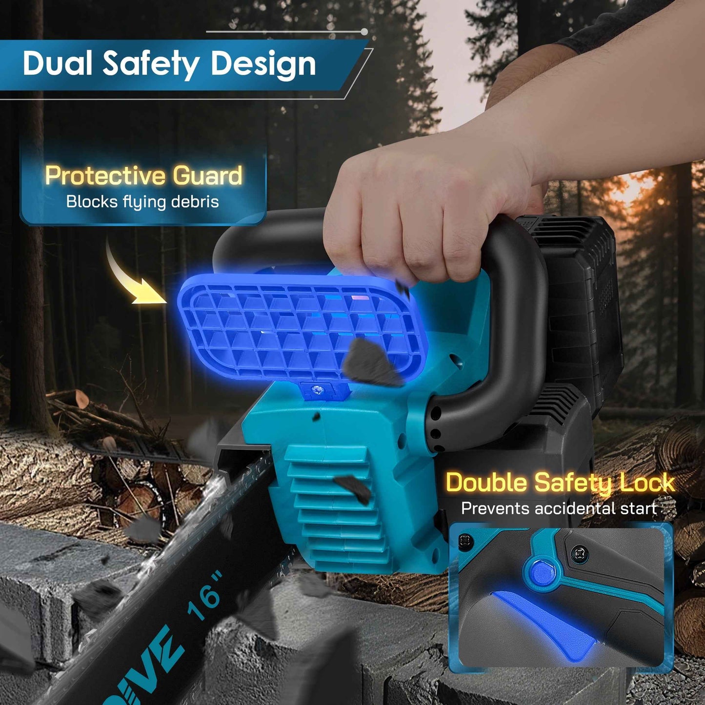 RELOIVE 16" Cordless Electric Chainsaw with Brushless Motor, 26000 RPM, 42.6 FT/S Chain Speed, Two 4.5Ah Batteries, 4 Chains, Handheld Wood Cutting Tool