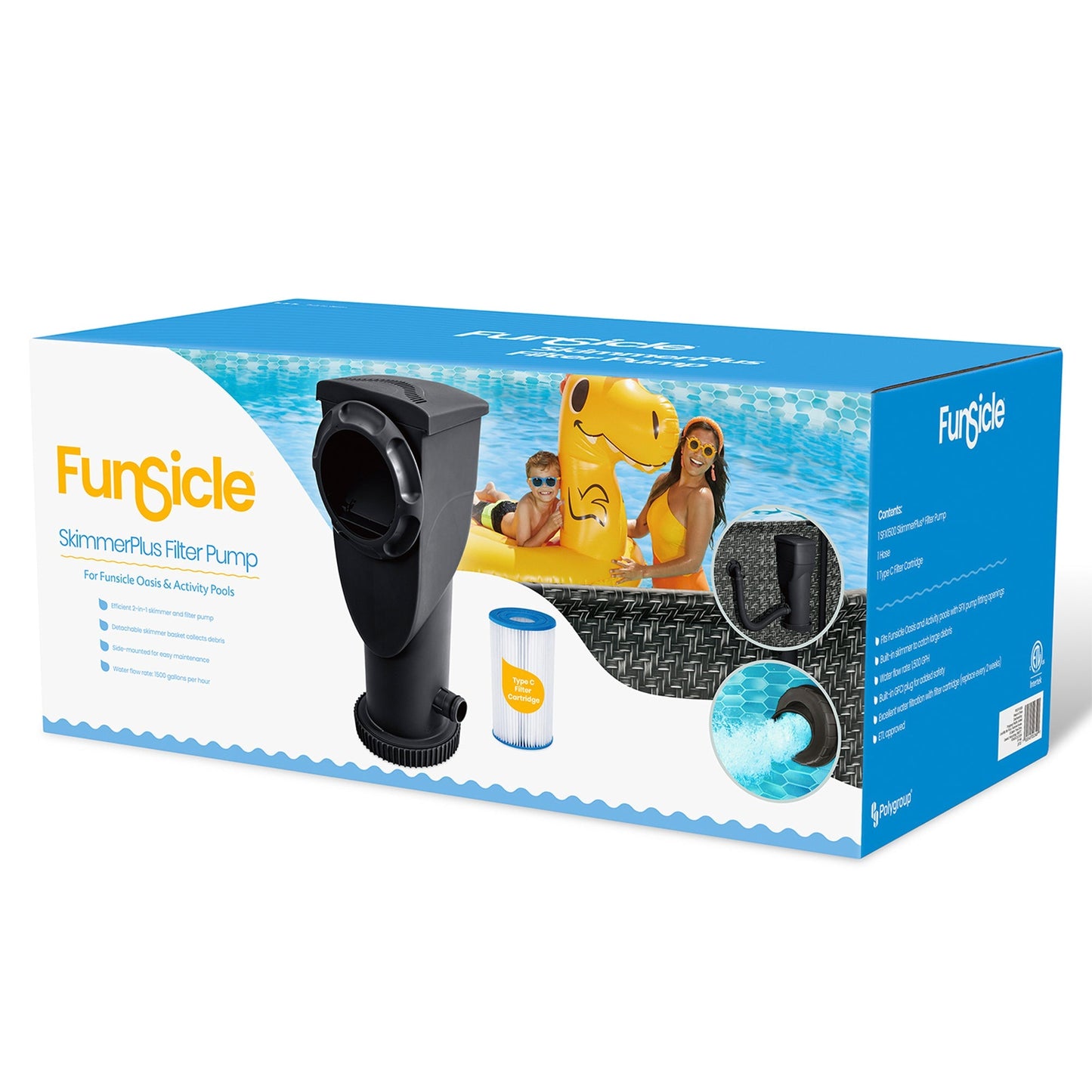 Funsicle 1500 Gallon SkimmerPlus Filter Pump System for Above Ground Pool, Black