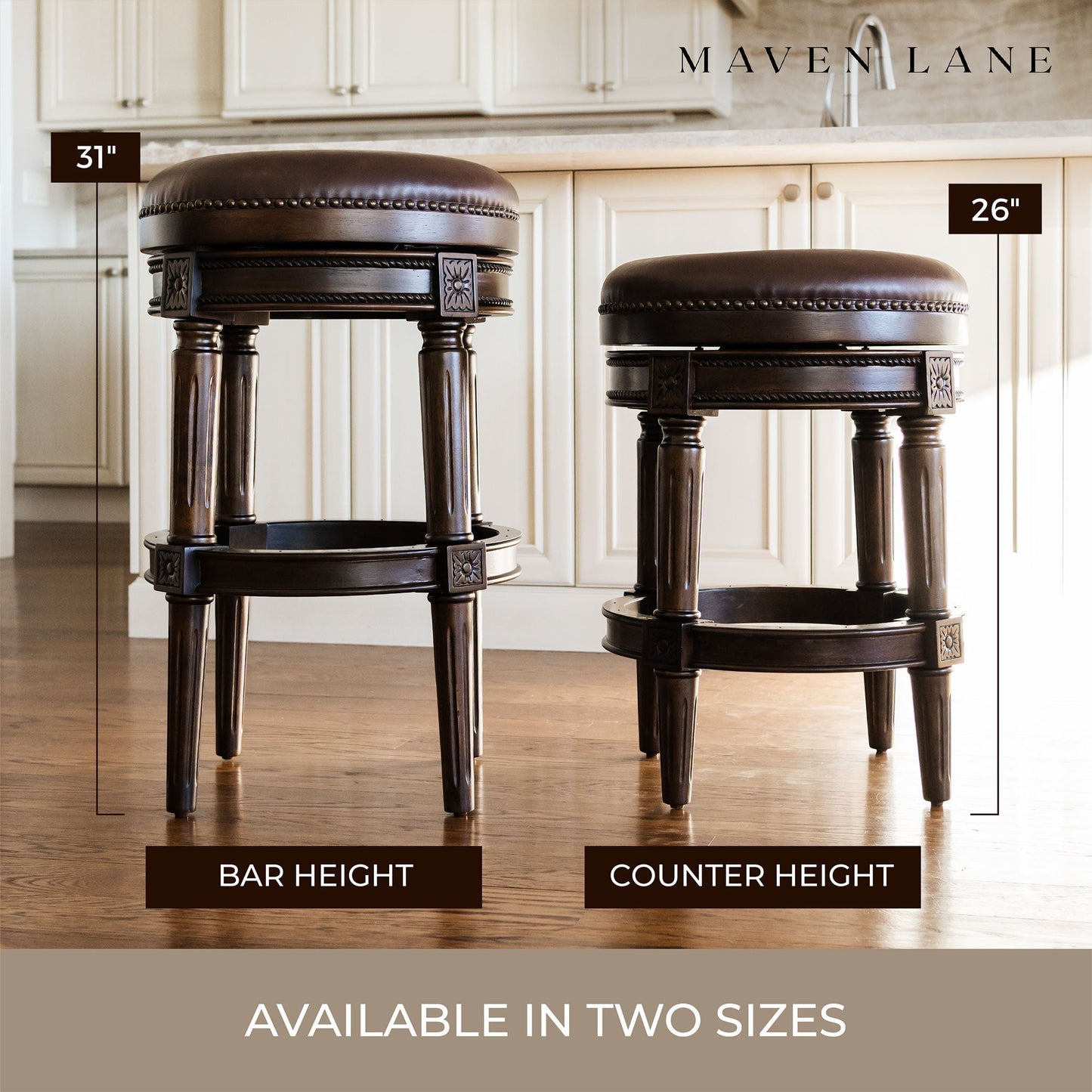 Maven Lane Pullman Backless Bar Stool in Dark Walnut Finish with Vintage Brown Vegan Leather, Set of 3