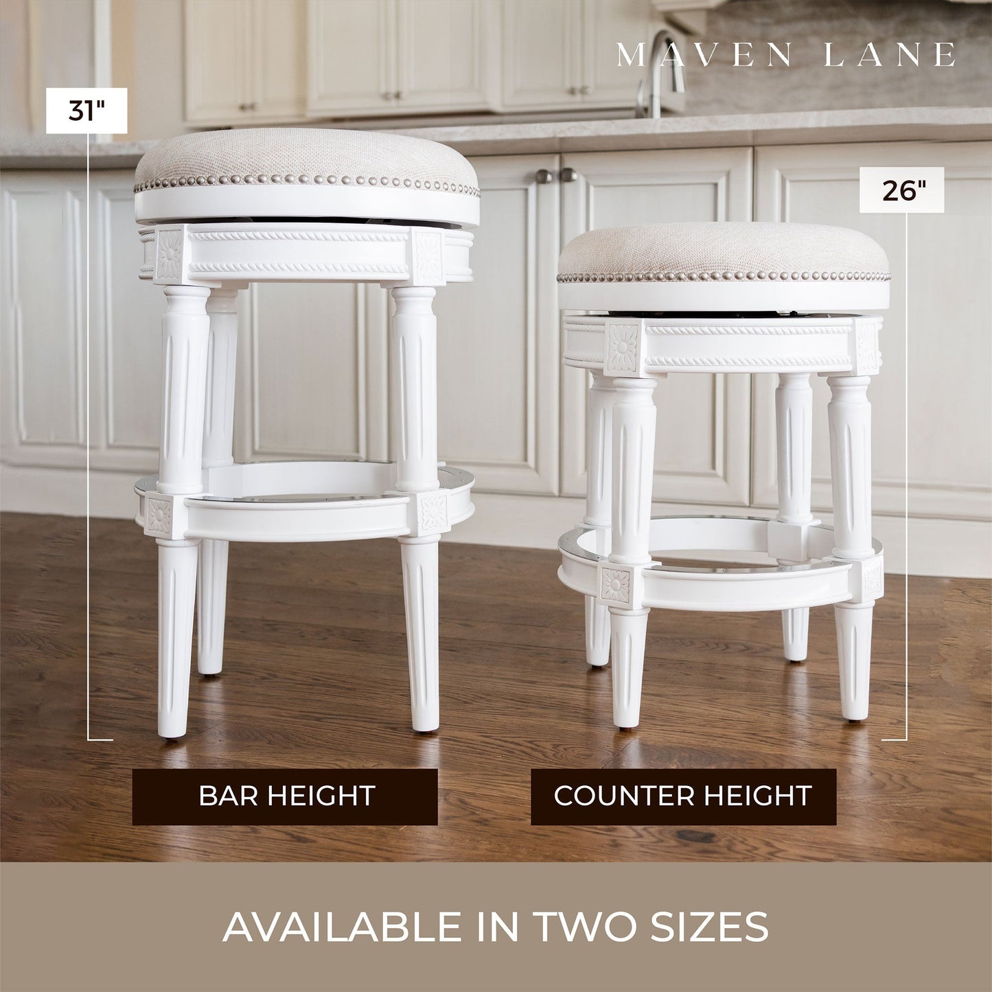 Maven Lane Pullman Backless Counter Stool in Alabaster White Finish with Cream Fabric Upholstery, Set of 2