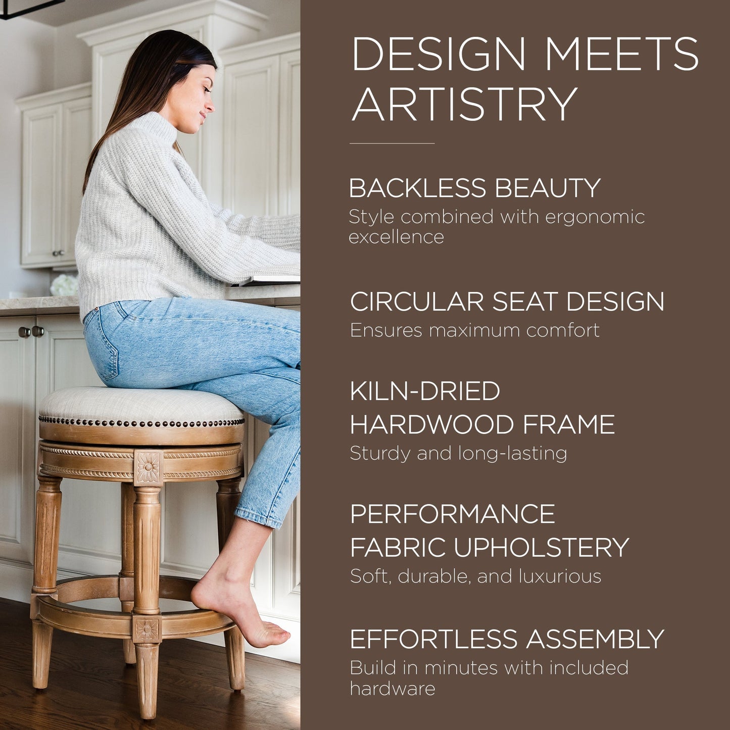 Maven Lane Pullman Backless Counter Stool in Weathered Oak Finish w/ Sand Color Fabric Upholstery