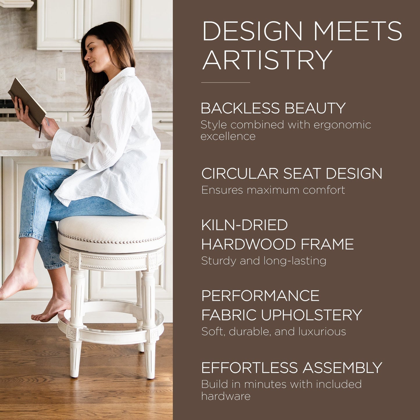 Maven Lane Pullman Backless Counter Stool in White Oak Finish w/ Natural Color Fabric Upholstery