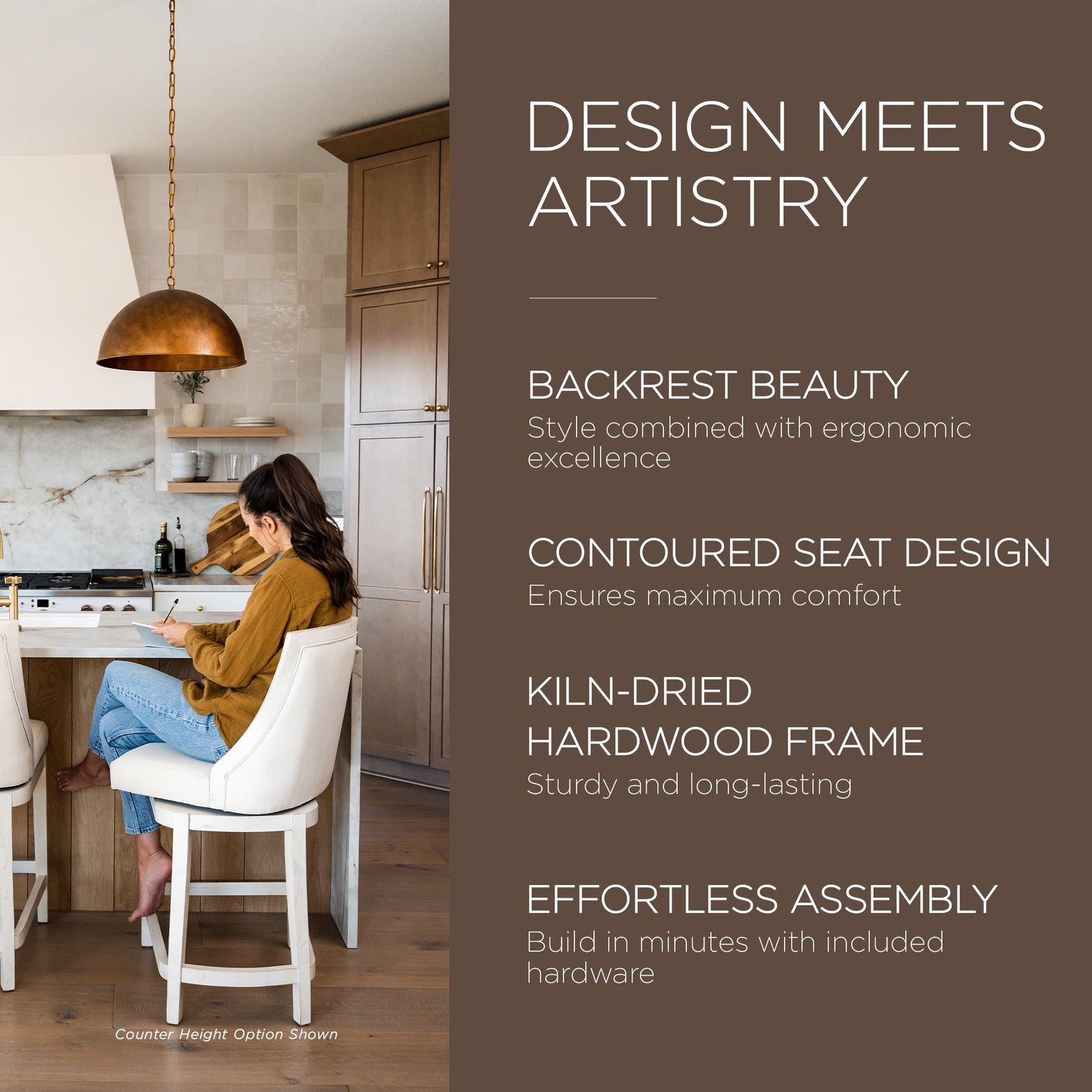 Maven Lane Vienna Bar Stool, White Oak Finish w/ Natural Color Fabric Upholstery