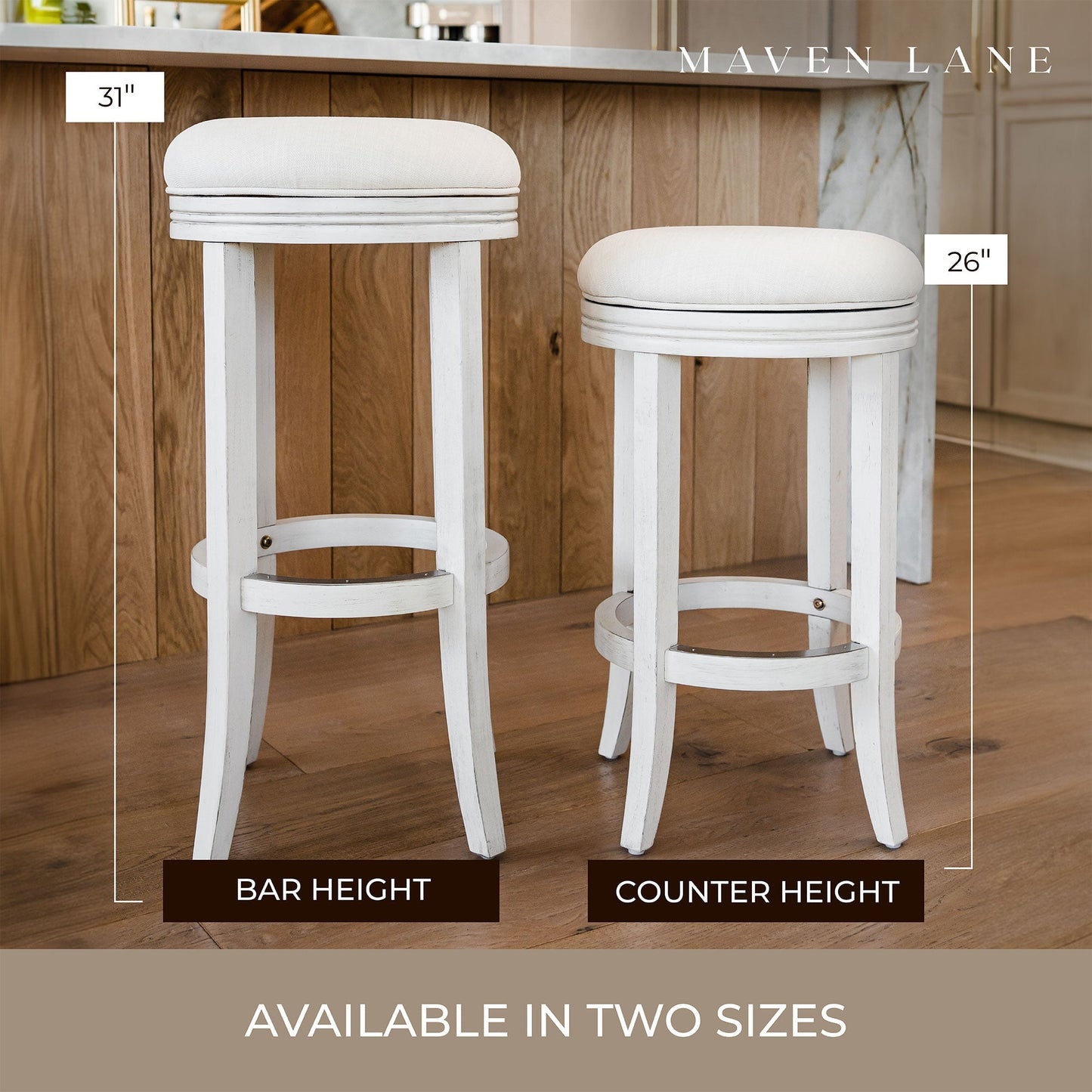 Maven Lane Eva Counter Stool, White Oak Finish w/ Natural Color Fabric, Set of 3