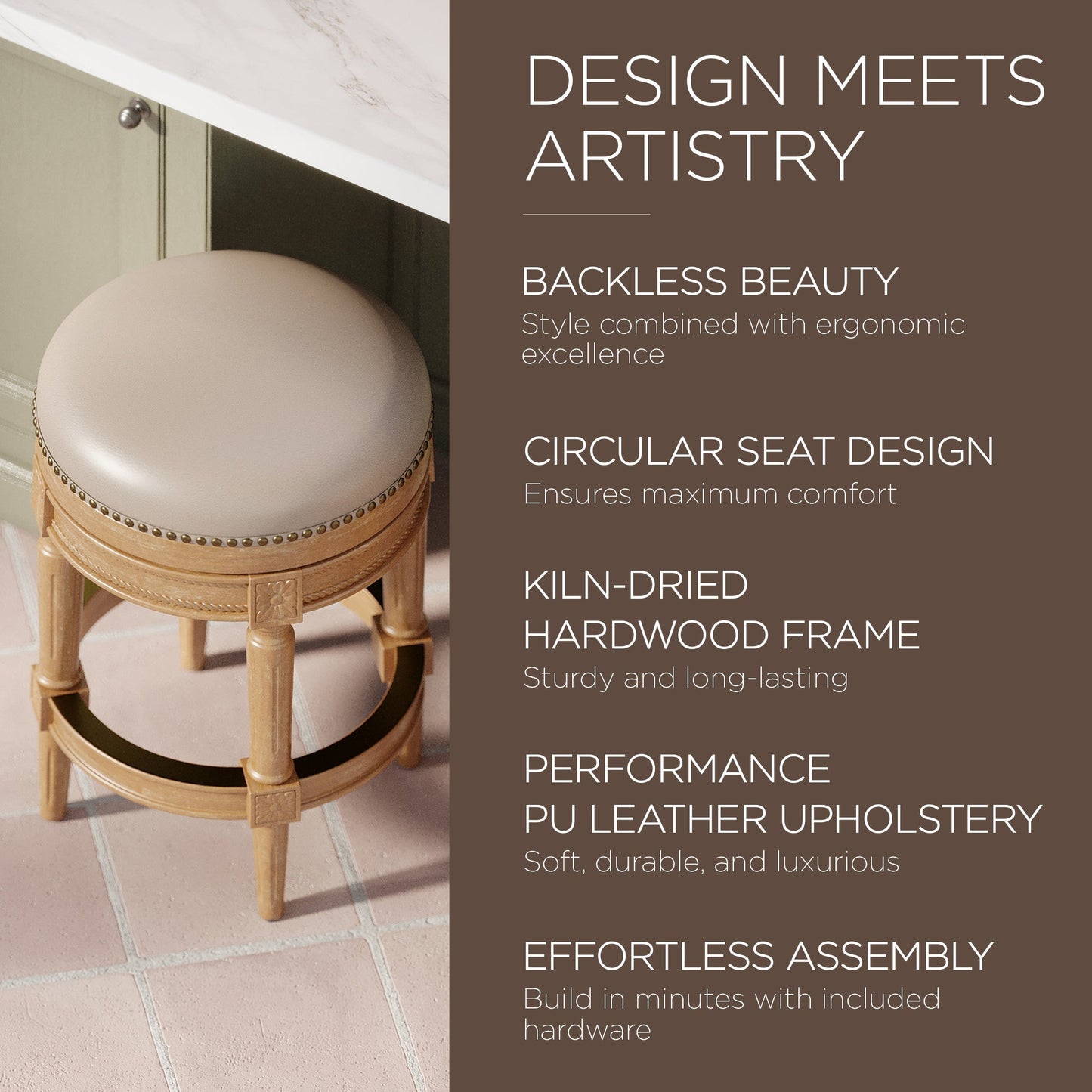 Maven Lane Pullman Backless Counter Stool in Weathered Oak Finish w/ Avanti Bone Vegan Leather