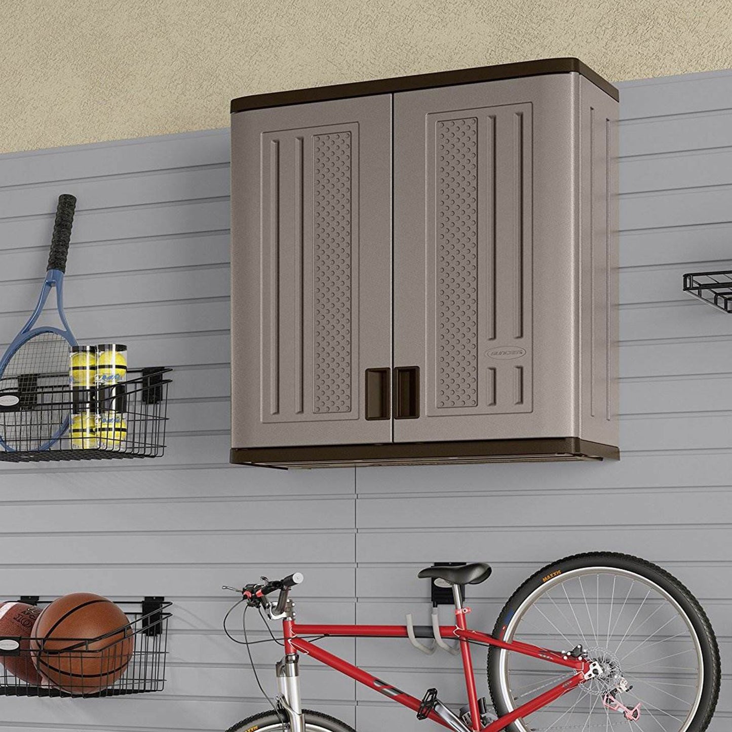 Suncast Single Shelf Garage Wall Cabinet with Wall Mounted Hand Tool Organizer
