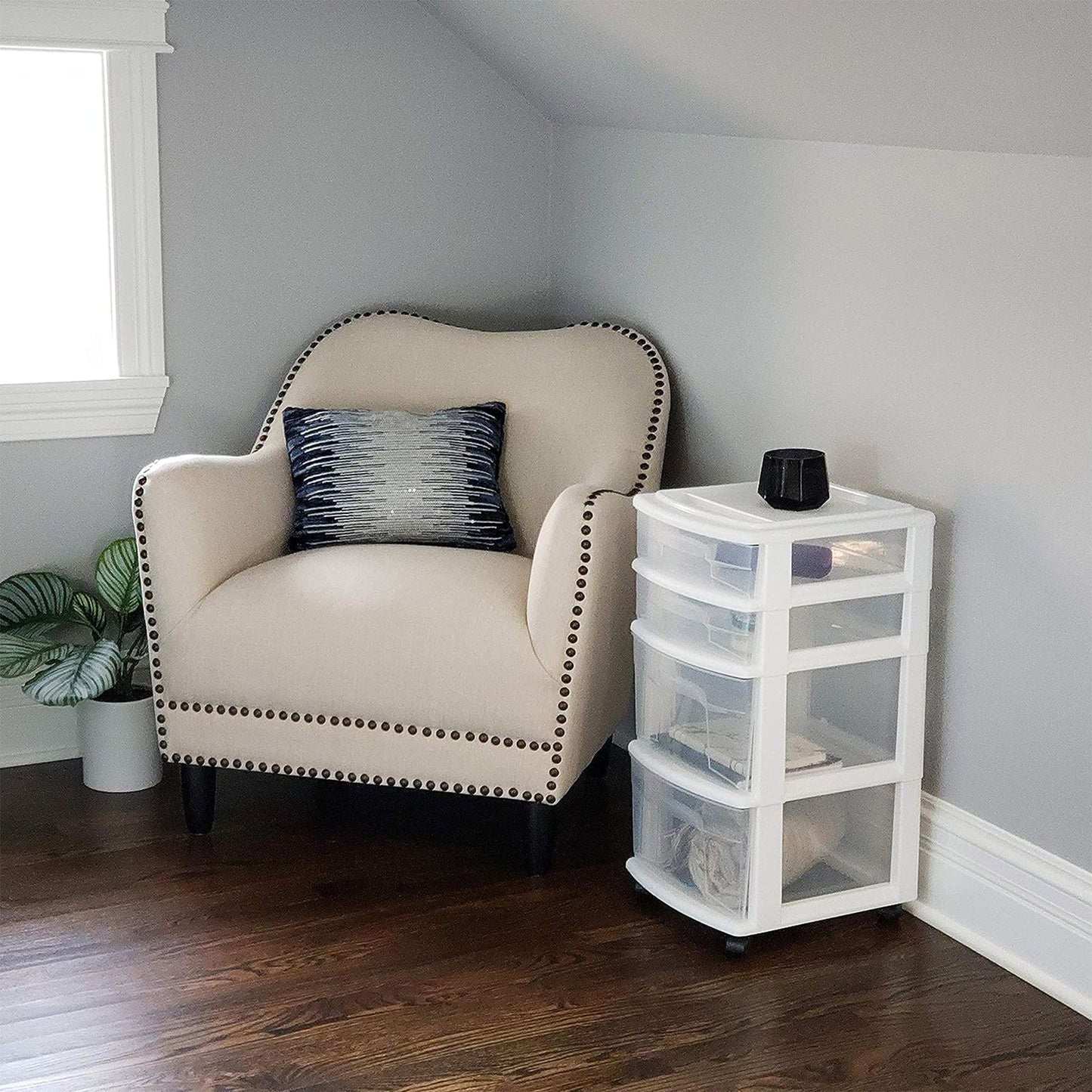 Homz Clear Plastic 4 Drawer Medium Home Storage Container Tower, White Frame