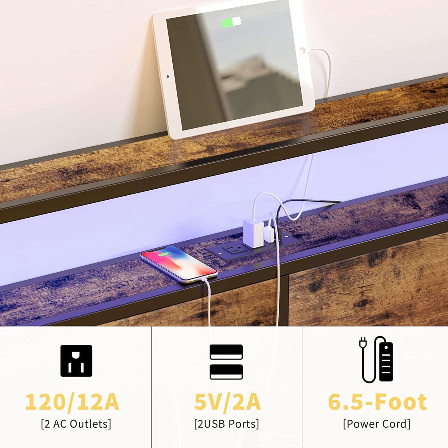 HAUSOURCE Full Bed Frame w/Built-In Storage Headboard, LED Lights, and 4 Drawers