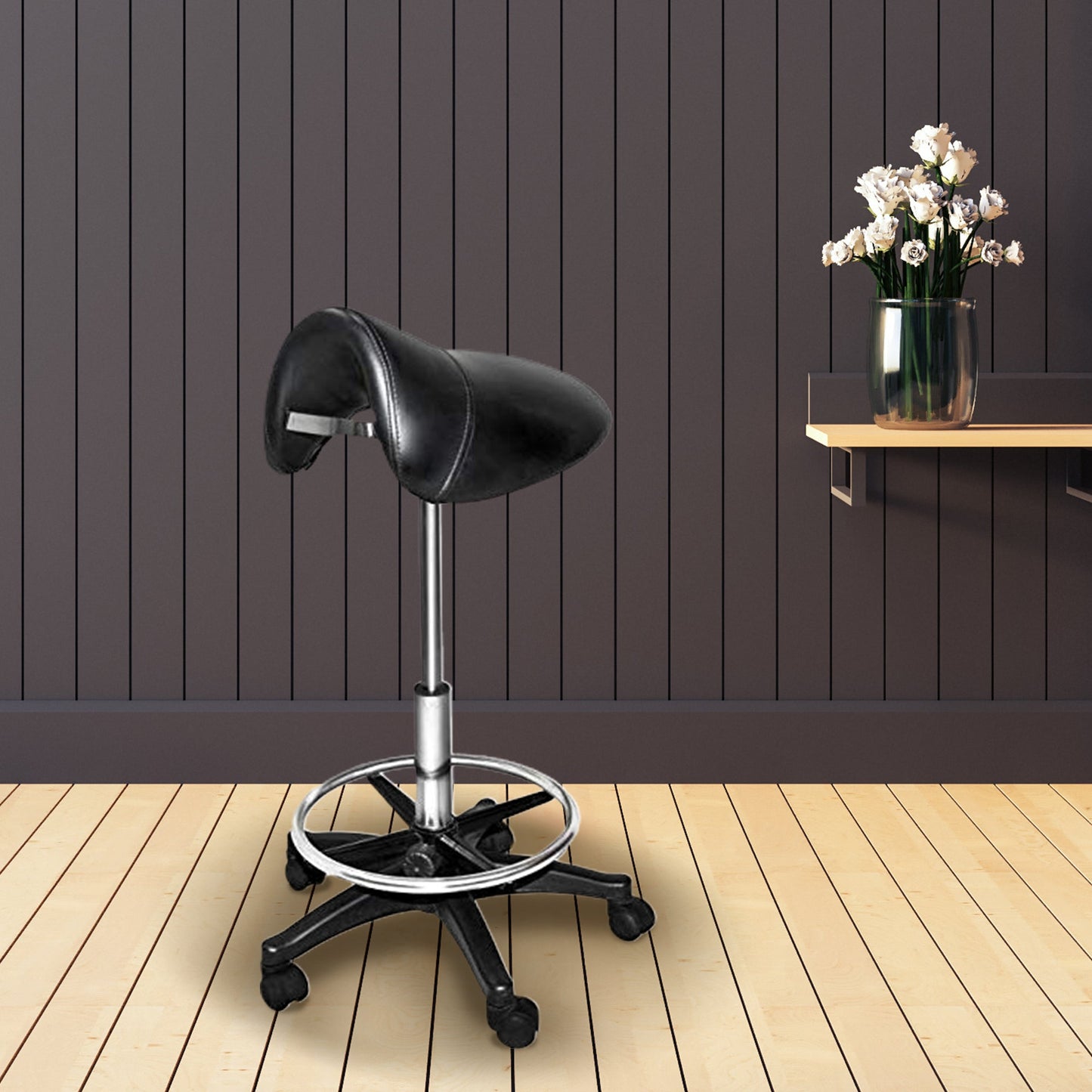 Chromium Professional Rotating Saddle Cutting Stool with Foam Cushions, Black