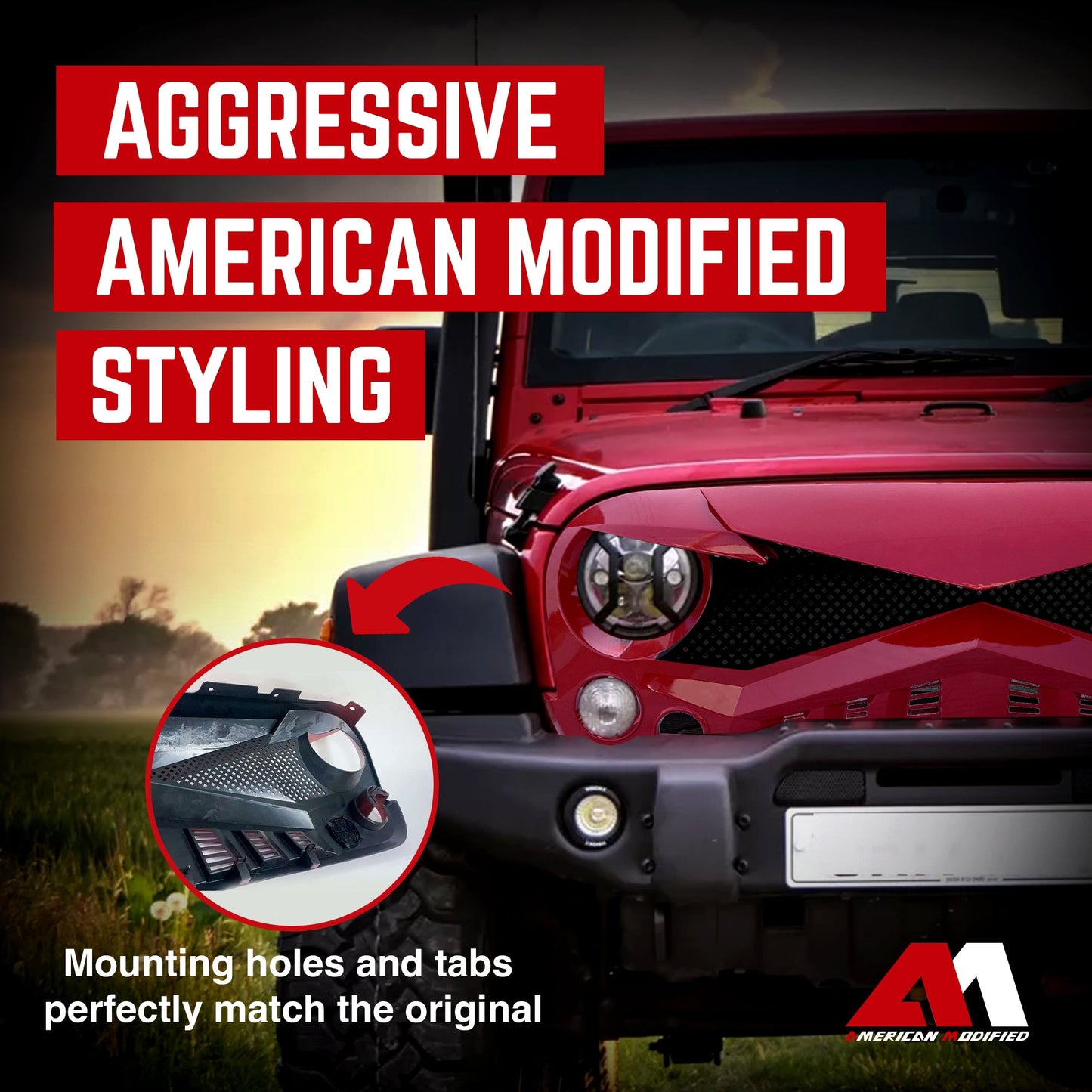 AMERICAN MODIFIED Hawke Front Replacement Grille for 07-18 Jeep Wrangler JK, Red - Find Fresh Goods
