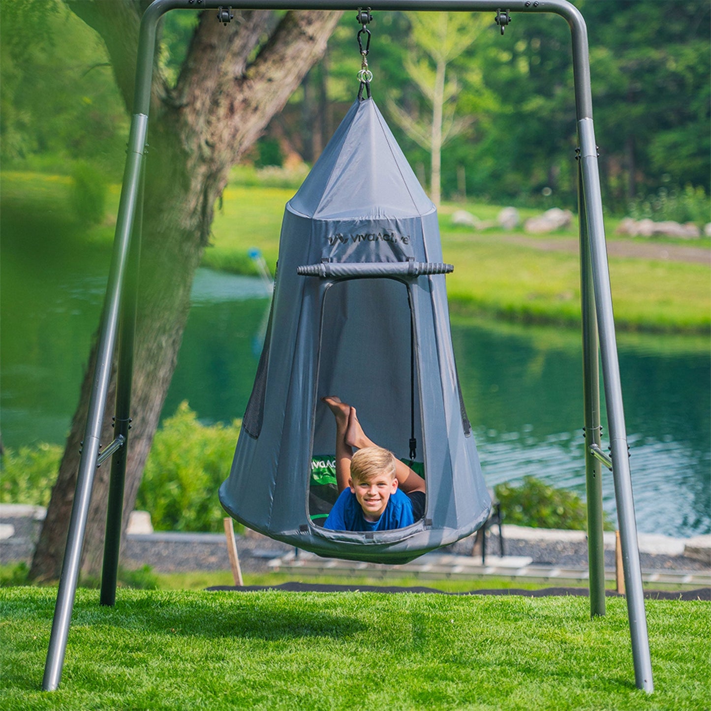 gobaplay Hanging Tent for Round Platform Swing Set with Removeable Cover, Grey