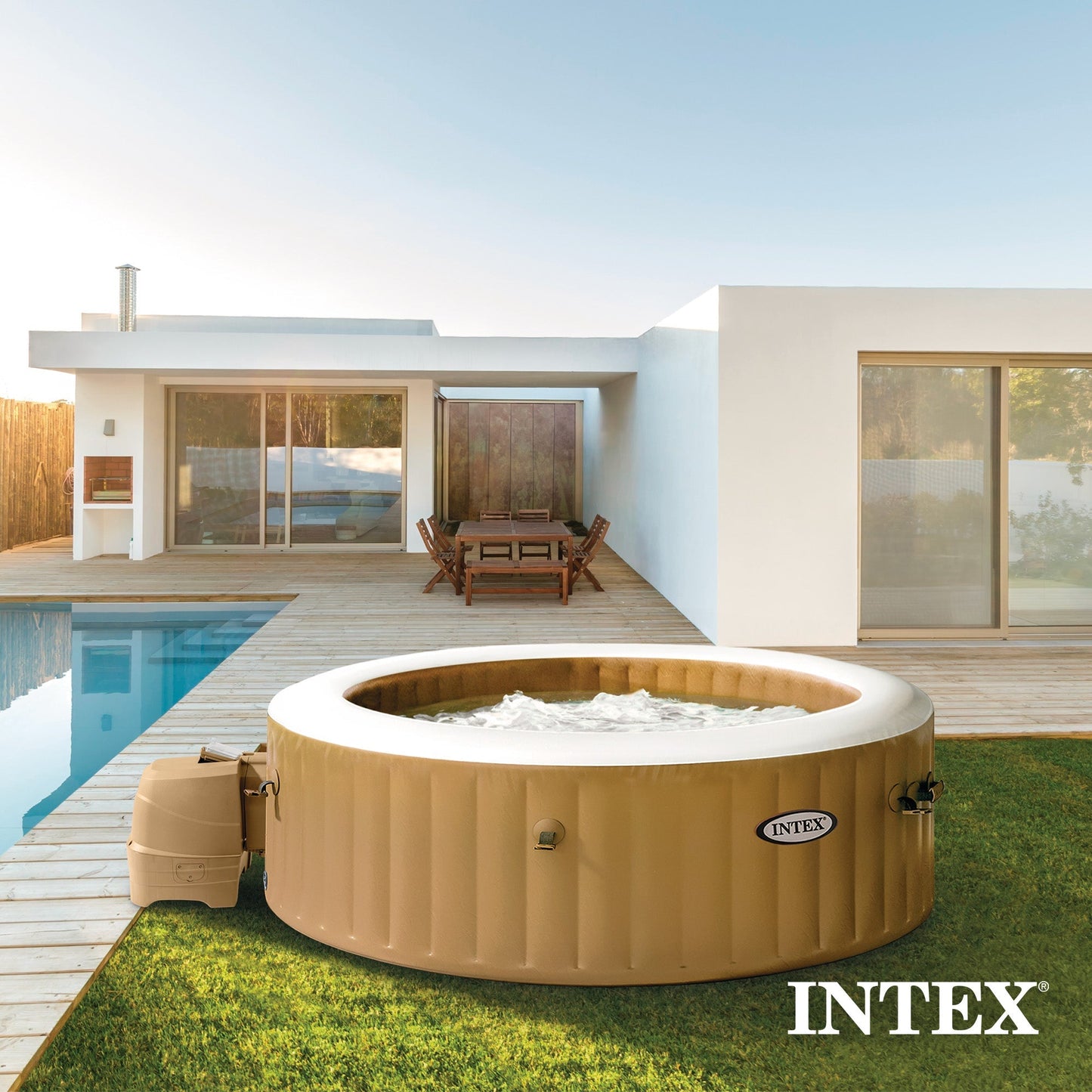 Intex PureSpa 6 Person Bubble Massage Inflatable Hot Tub Spa Set, Sahara Tan