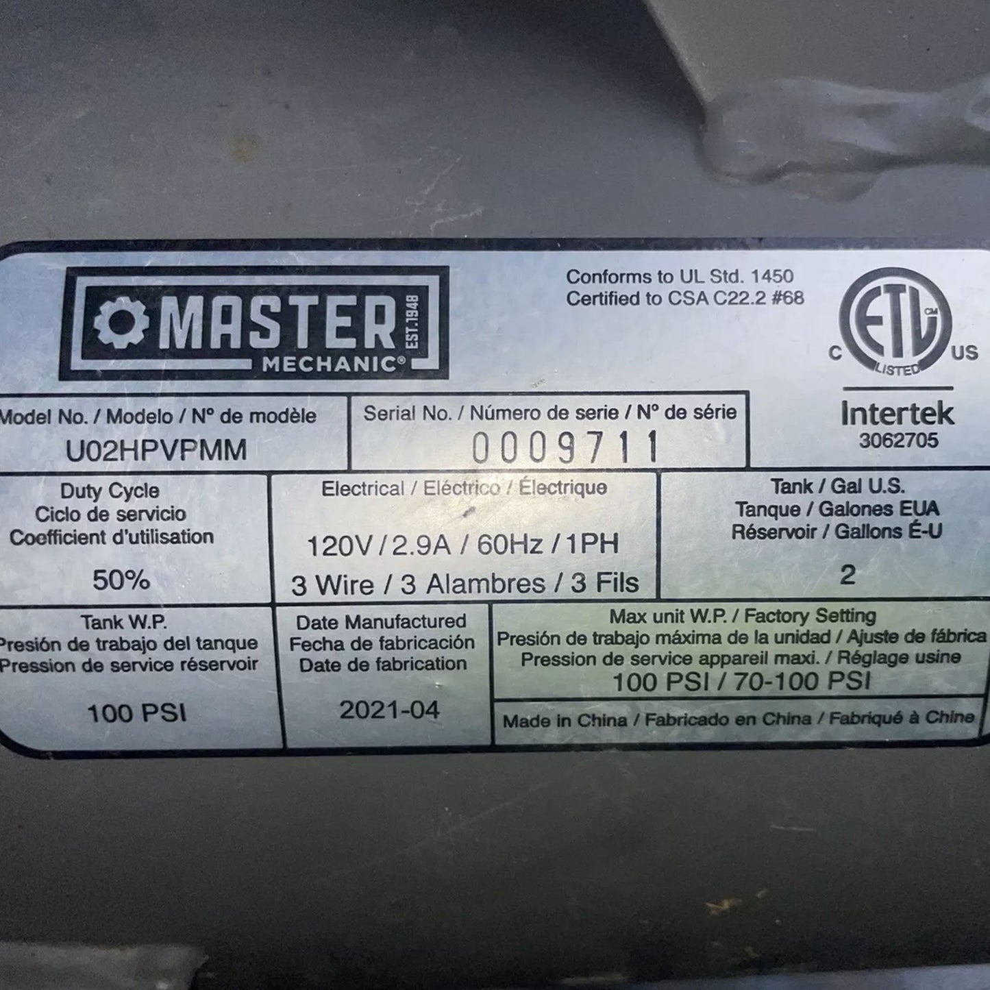 Master Mechanic Portable Air Compressor with Built In Handle, 2 Gallon, Black