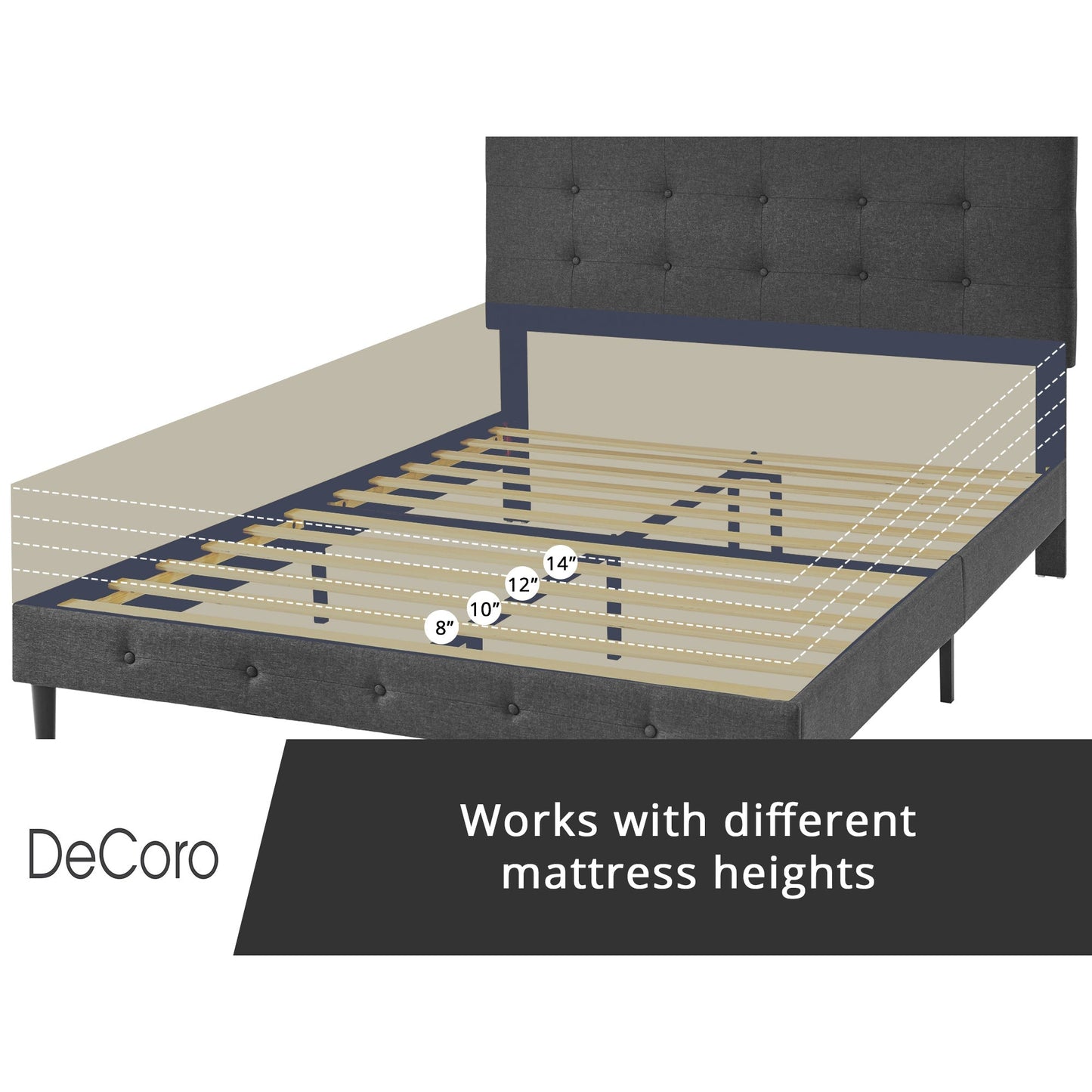DeCoro Cambridge Upholstered Wooden Platform Bed Frame, Full Size, Dark Grey