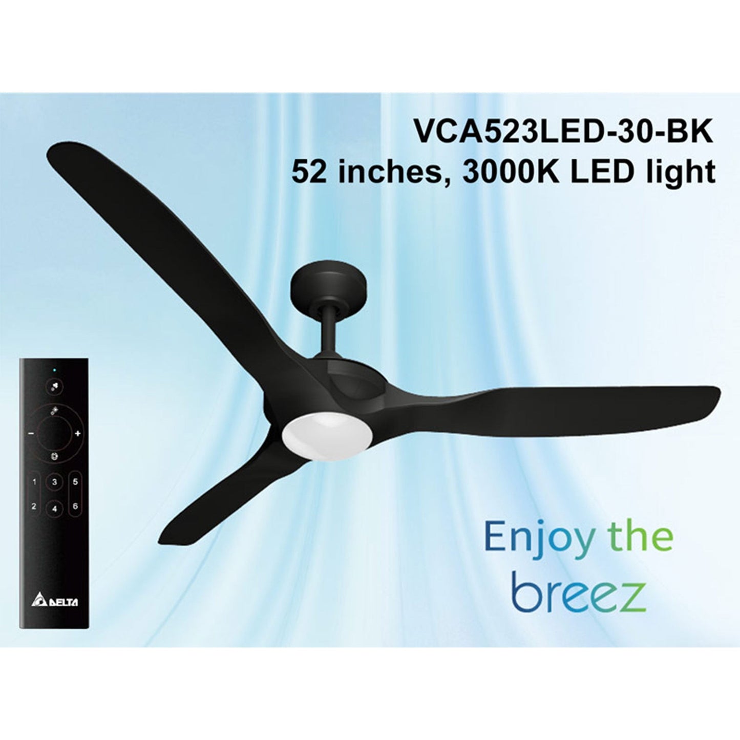 Delta Breez 52" Ceiling Fan with LED, Remote, Indoor/Outdoor, Benicia, Black