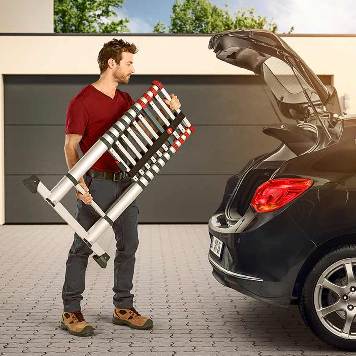 Hailo Height Adjustable Portable Compact Aluminum Telescoping Ladder, Red/Black