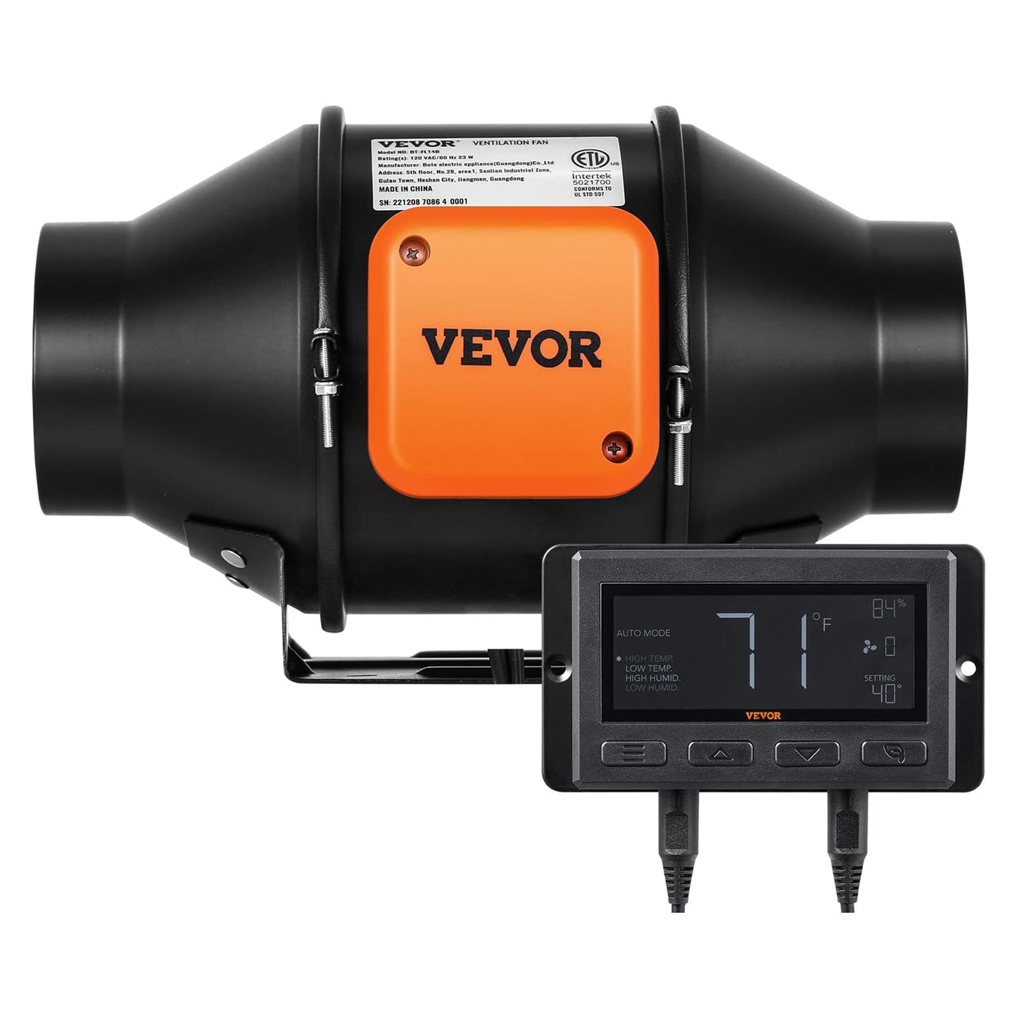 Vevor Inline Duct Fan w/Temperature and Humidity Controller for Hydroponics, 4"