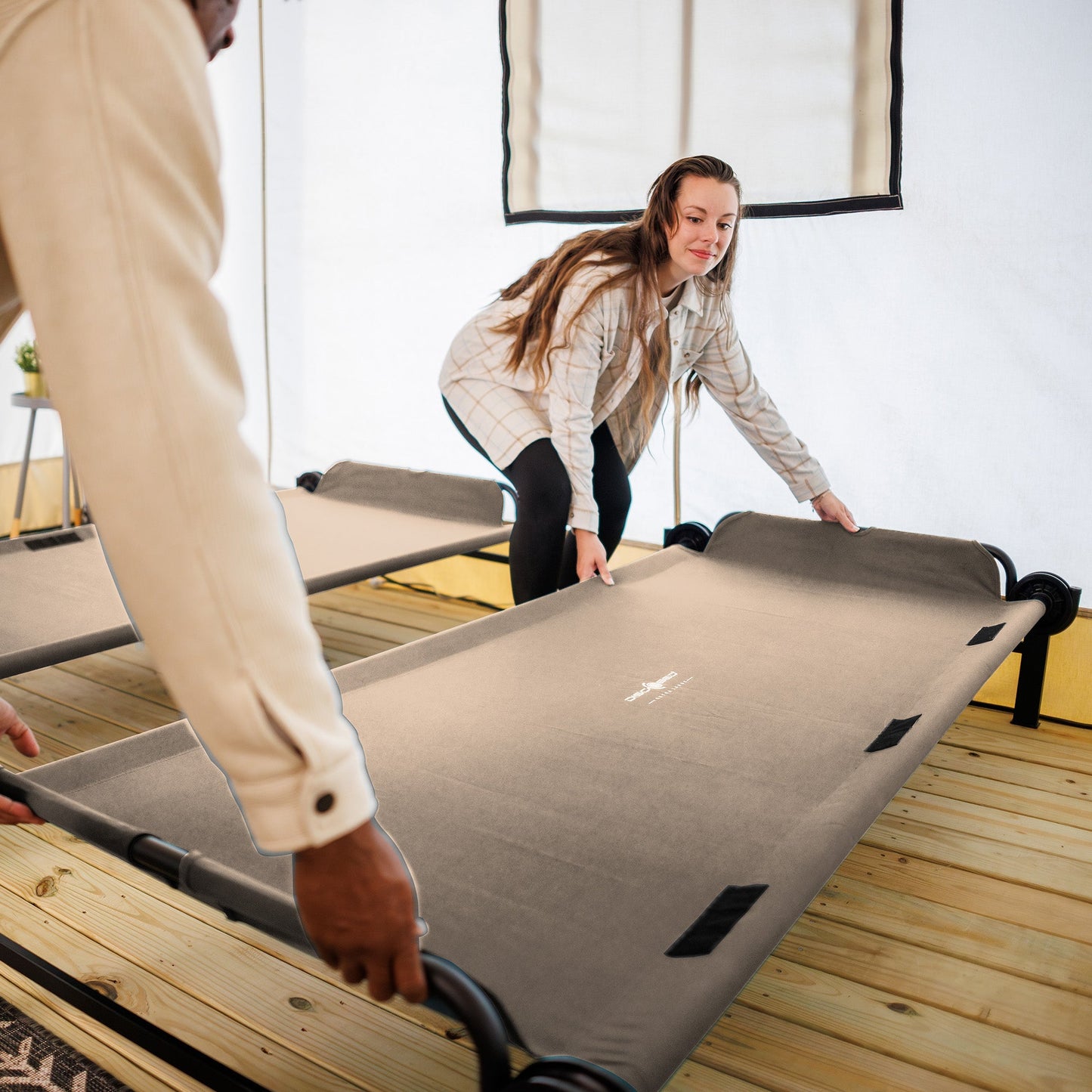 Disc-O-Bed Extra Large Outdoor Convertible 2 Person Portable Camping Cots, Tan