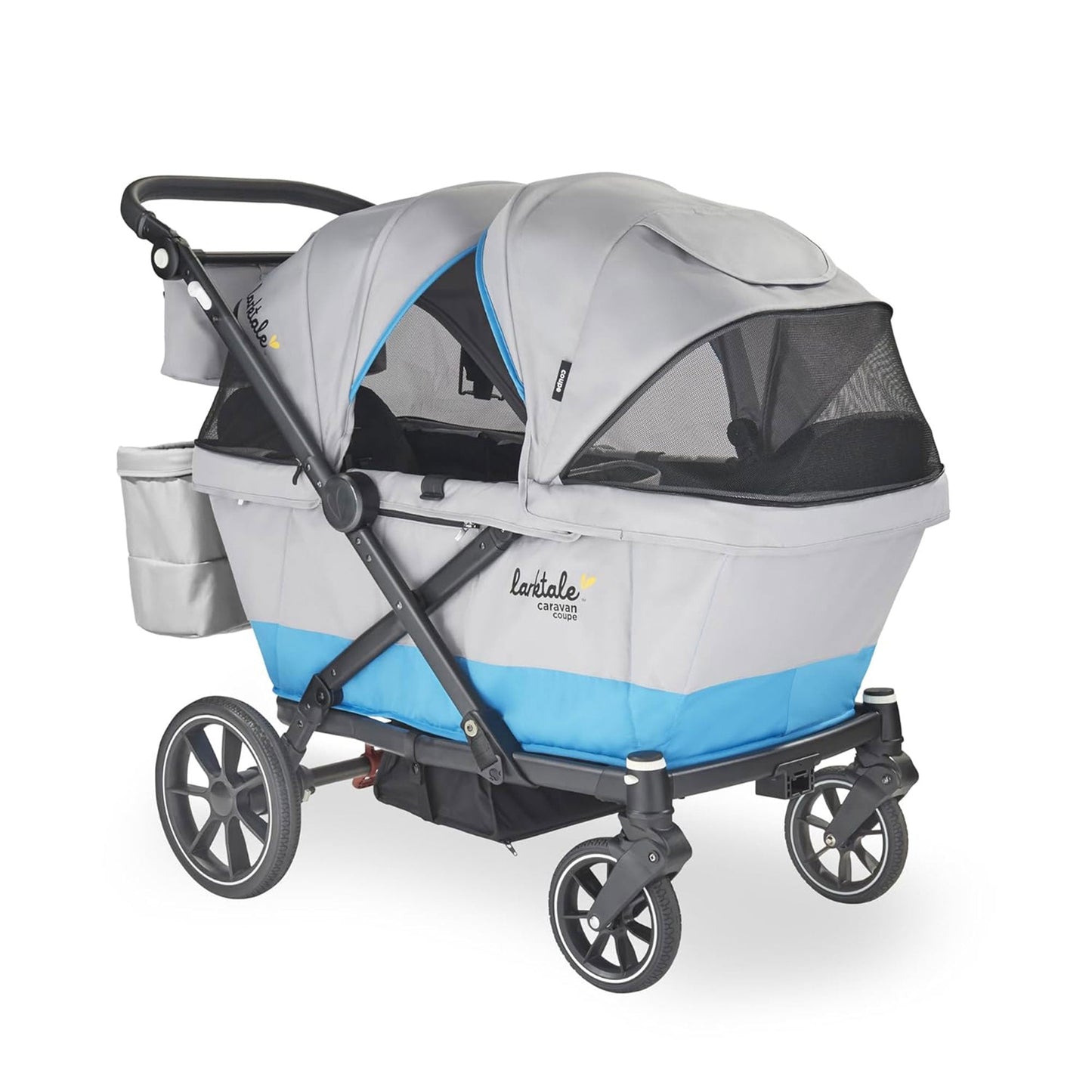 Larktale Caravan Coupe V2 Compact Stroller, Reclining 2-Seat Wagon, Gray/Bue