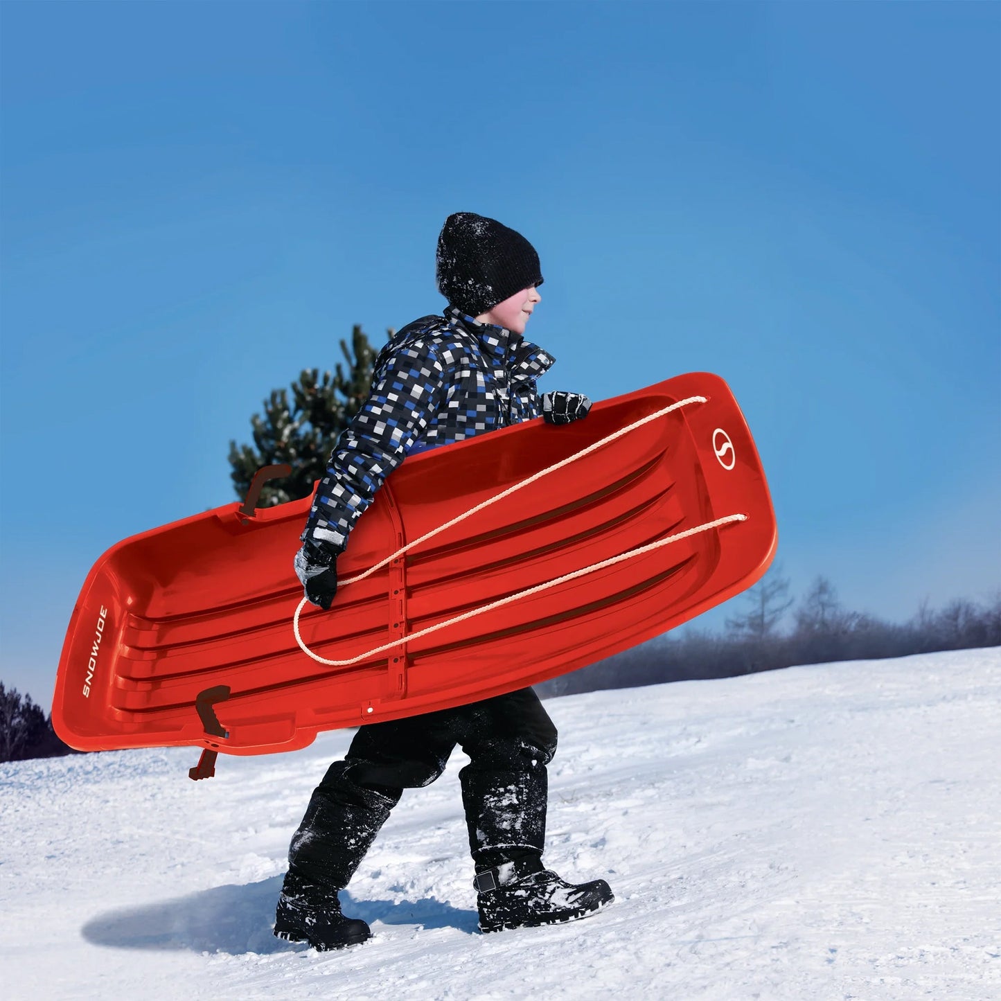 Snow Joe Plastic Snow Sled, 48” Sledding Toboggan Board w/ Handles, SJ-SLD48-RED