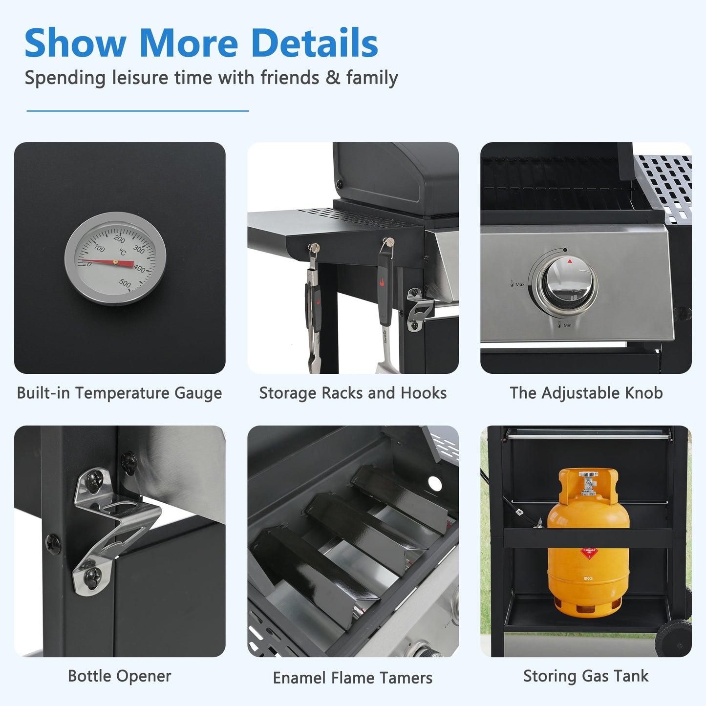 Segmart 3 Burner BBQ Propane Gas Grill, Stainless Steel 25,650 BTU Patio Garden Barbecue Grill with Side Tables, Bottle Opener & Thermometer, Perfect for Camping, Outdoor Cooking