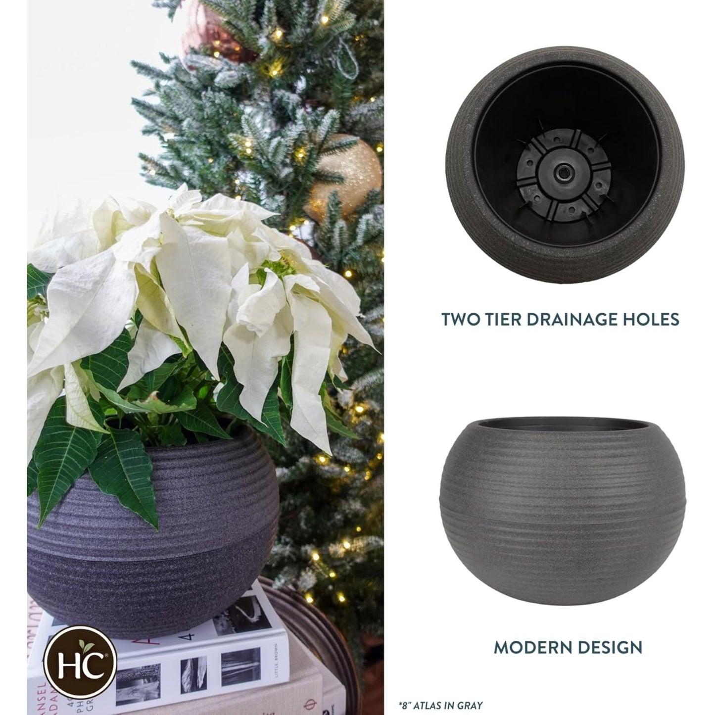 The HC Companies 8 Inch Atlas Sphere Planter, Round Plastic Plant Pot, Gray
