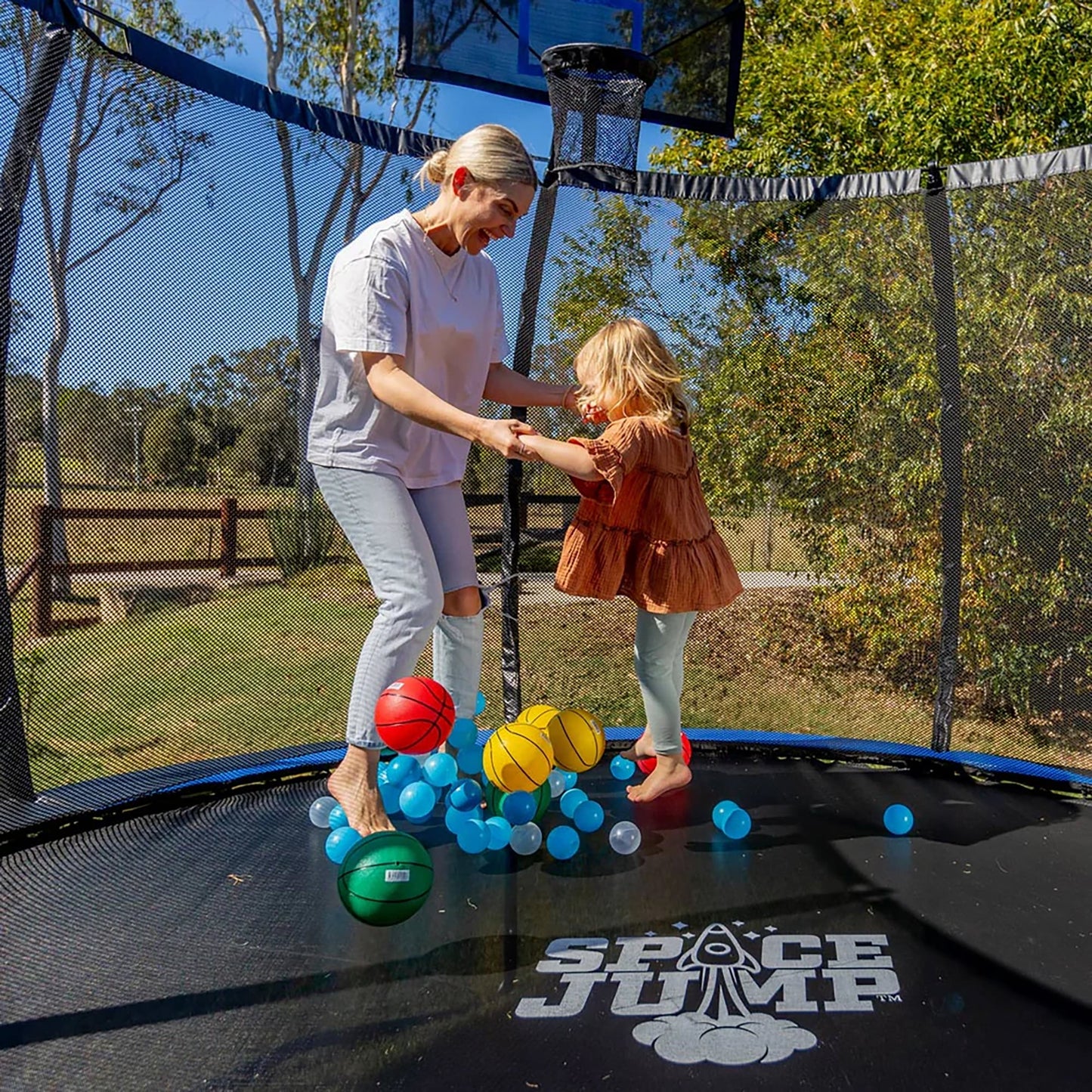 SpaceJump Lunar 10 Foot Trampoline, Outdoor Round Bouncer with Safety Net, Black