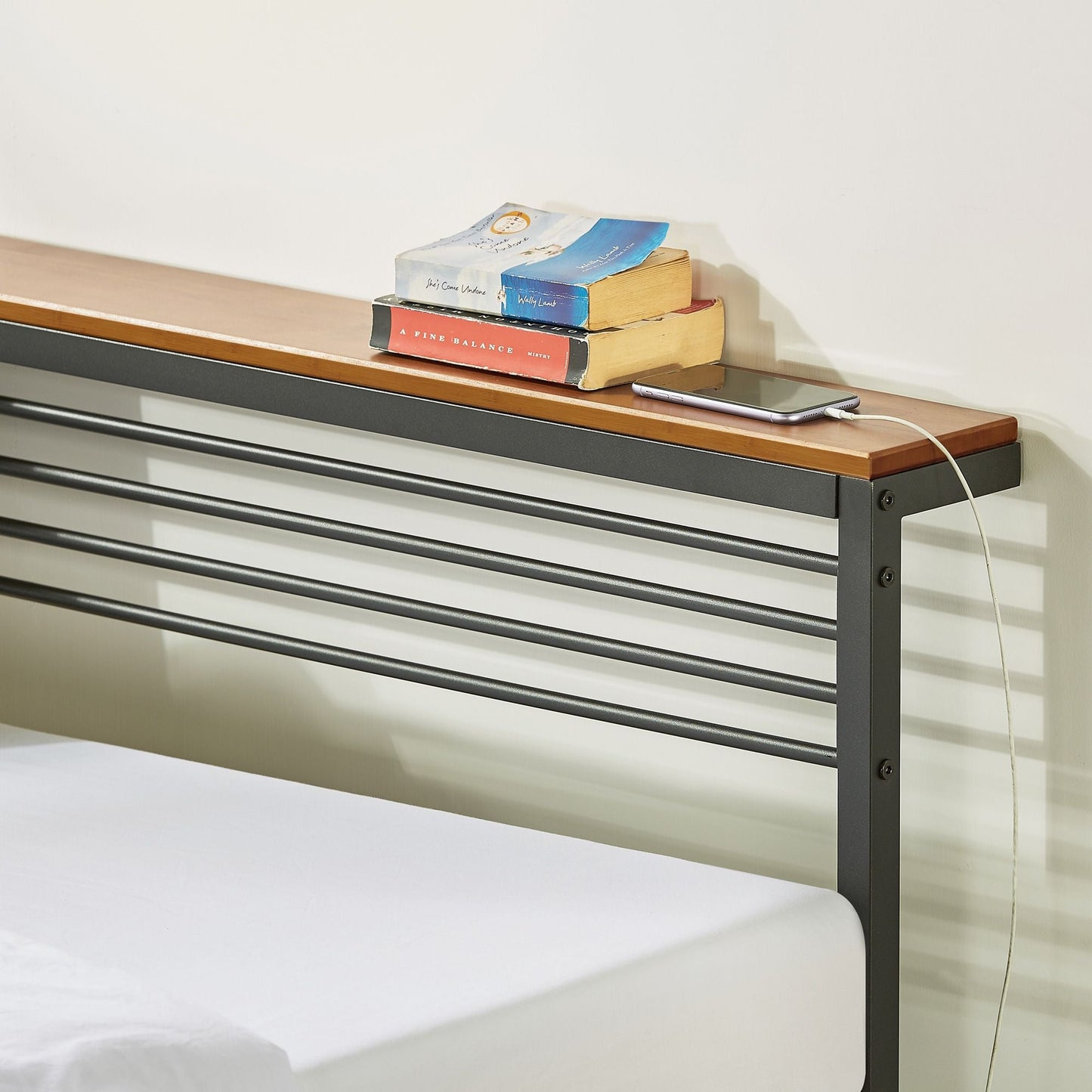 Mellow HYLLE Metal & Wood Platform Bed Frame with Low Headboard Shelf, Twin