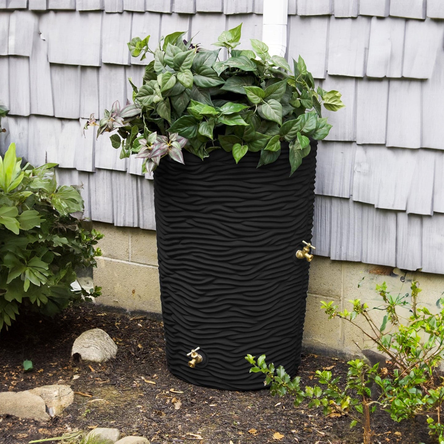 Good Ideas Impressions 50 Gallon Palm Trunk Rain Saver Barrel, 2 Spigots, Black