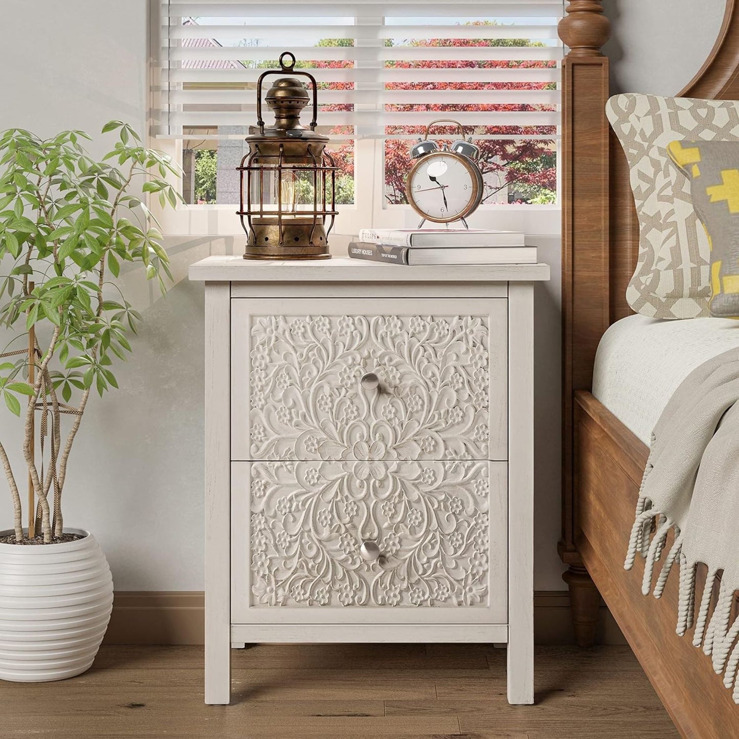COZAYH Farmhouse 2 Drawer Home Bedroom Nightstand w/Embossed Flower Motif, White