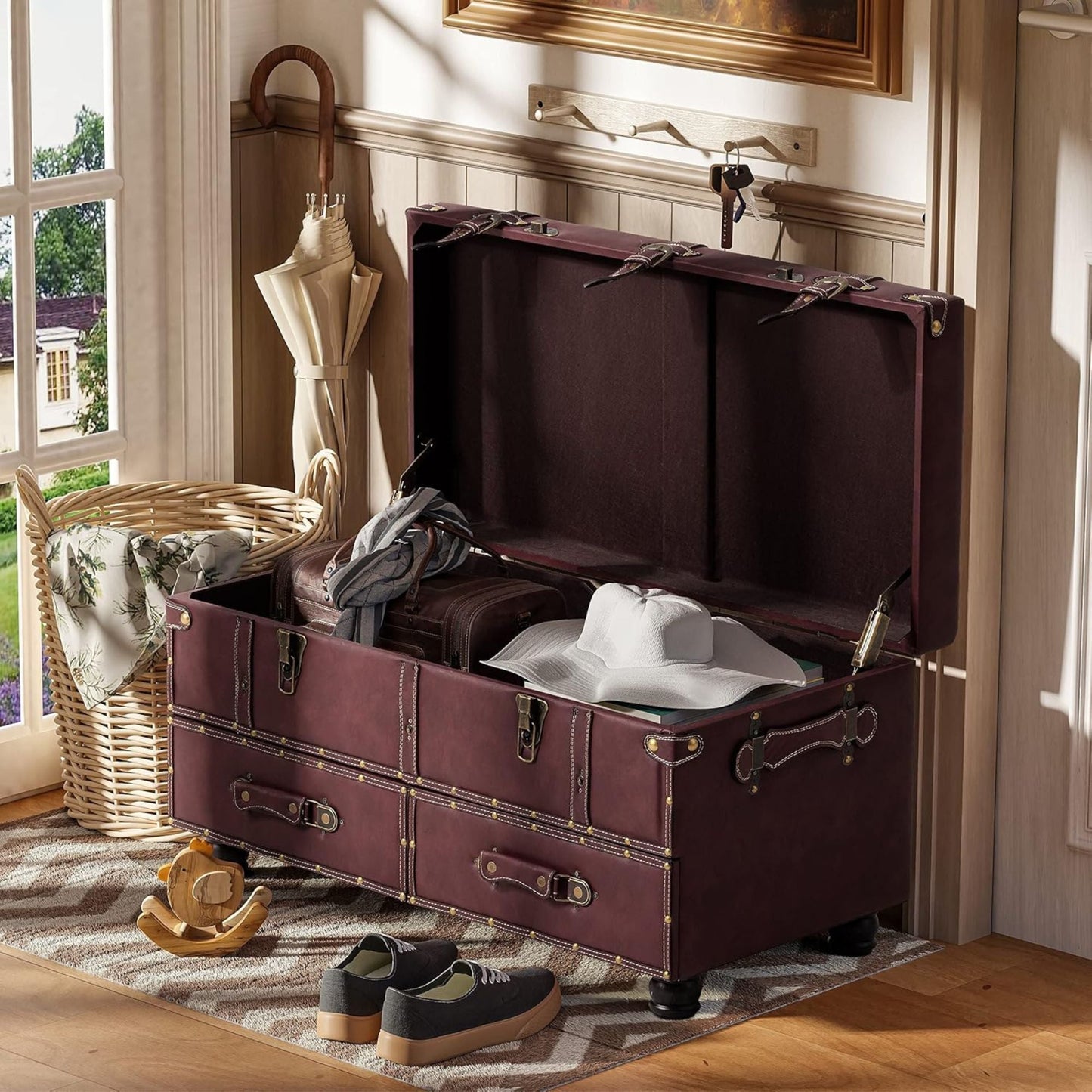 COZAYH Vintage Storage Bench, Upholstered Wooden Ottoman Bed Chest Box, Magenta