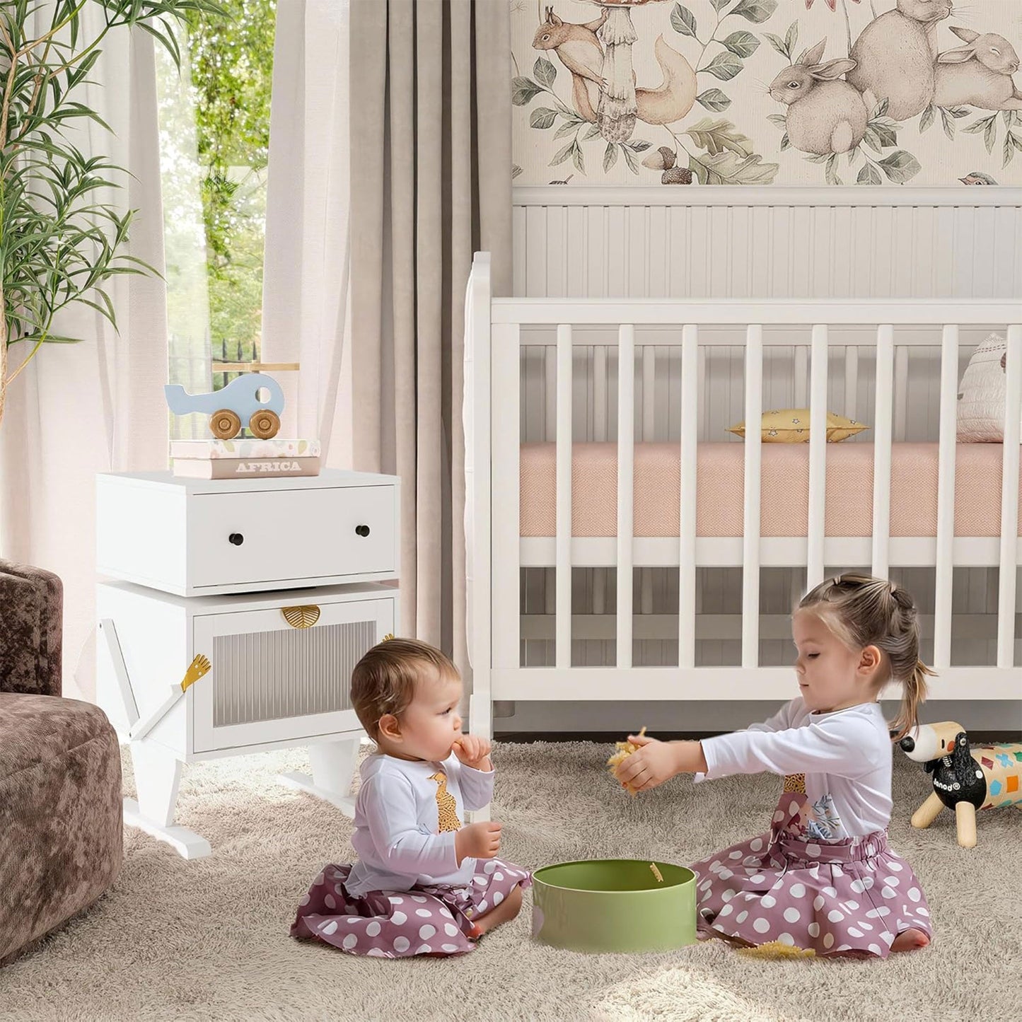 RoyalCraft Nightstand with LED, Rotating Drawer and Glass Door, Set of 2, White