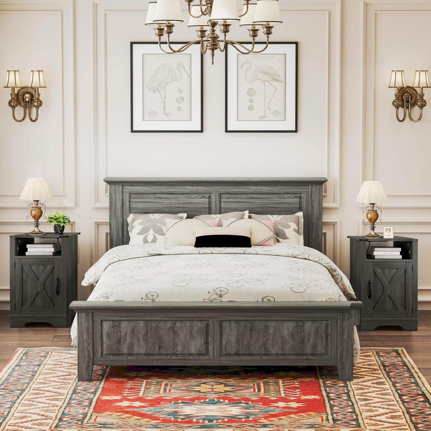 RoyalCraft Farmhouse Nightstand with Charging Station, Set of 2, Dark Grey