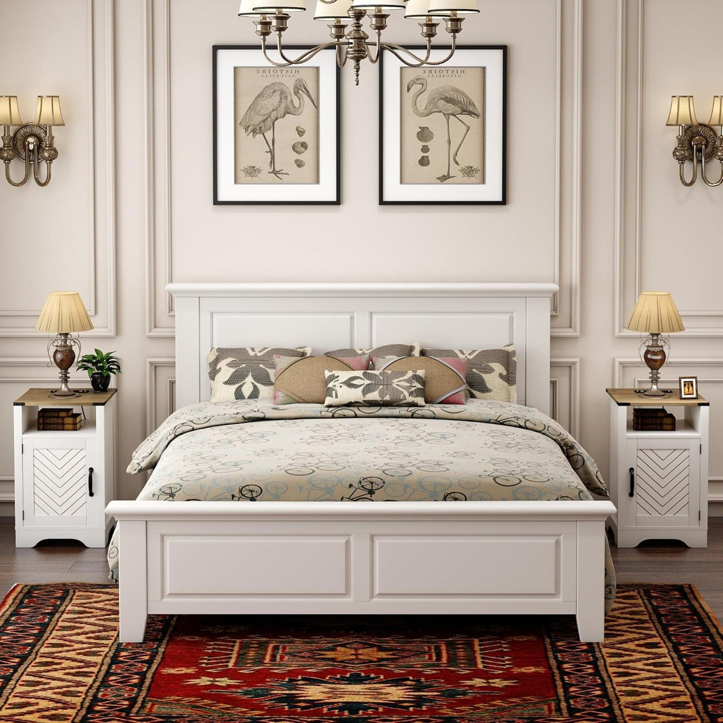 RoyalCraft Farmhouse Nightstand w/ Charging Station Set of 2, White & Rustic Oak