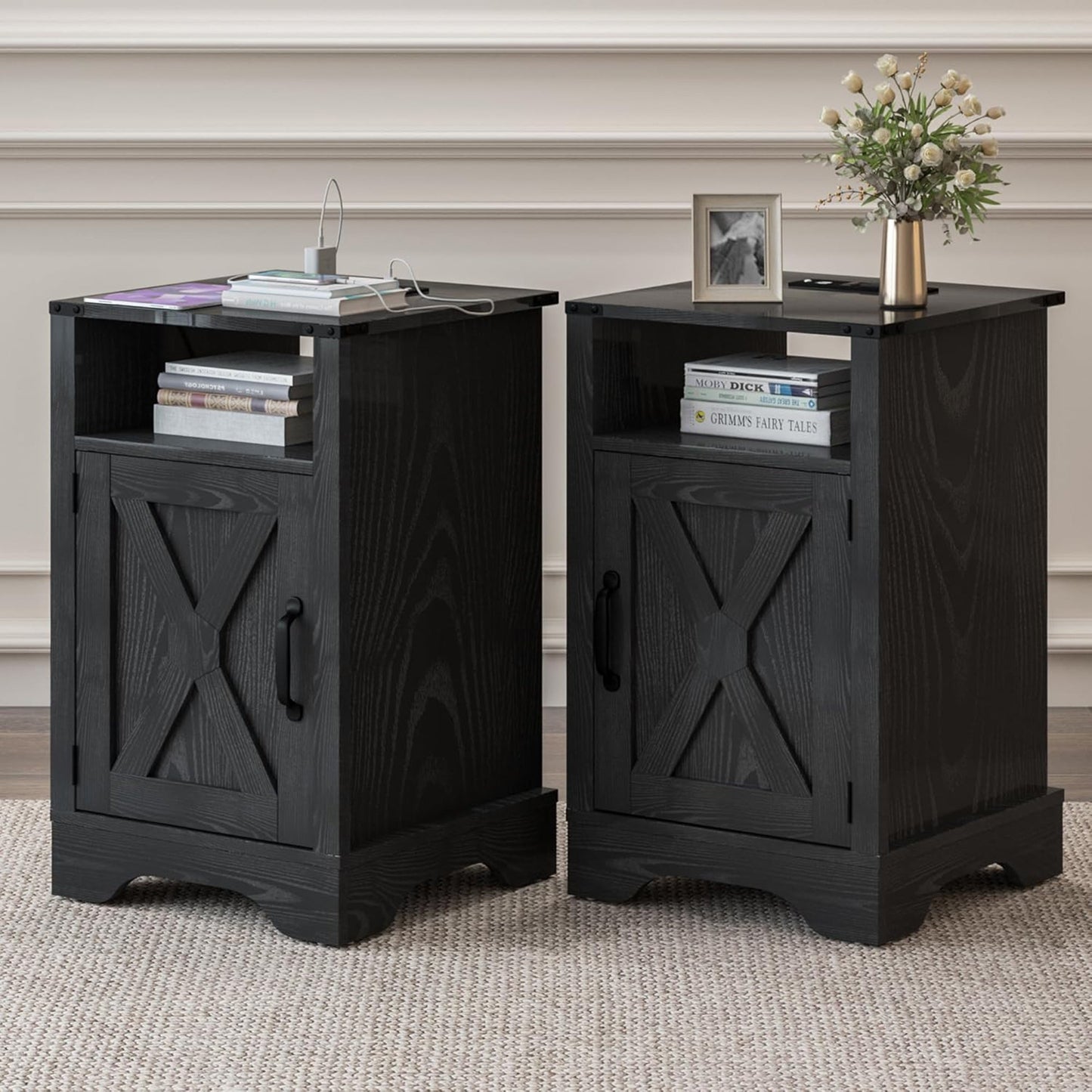 RoyalCraft Farmhouse Bedroom Nightstand with Charging Station, Set of 2, Black