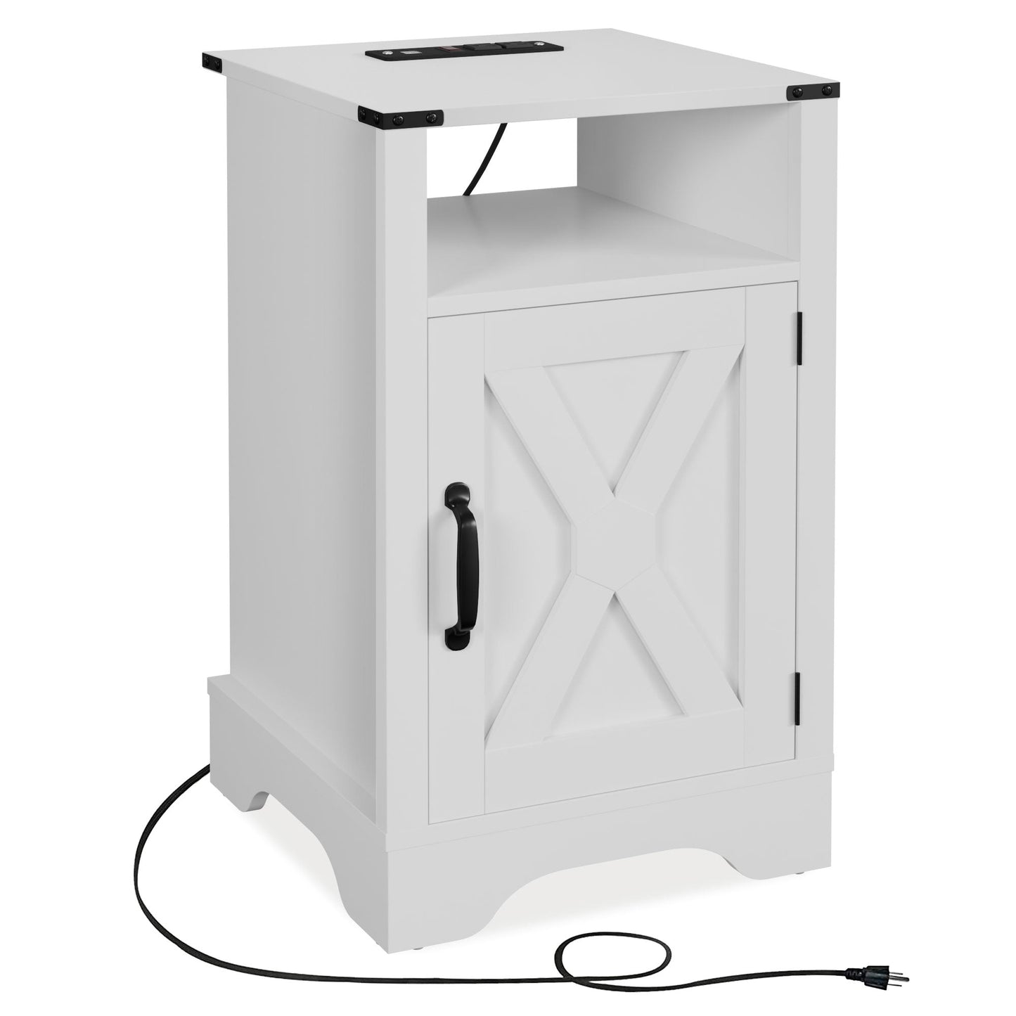 RoyalCraft Farmhouse Nightstand, Bedroom Table with Charging Station, White