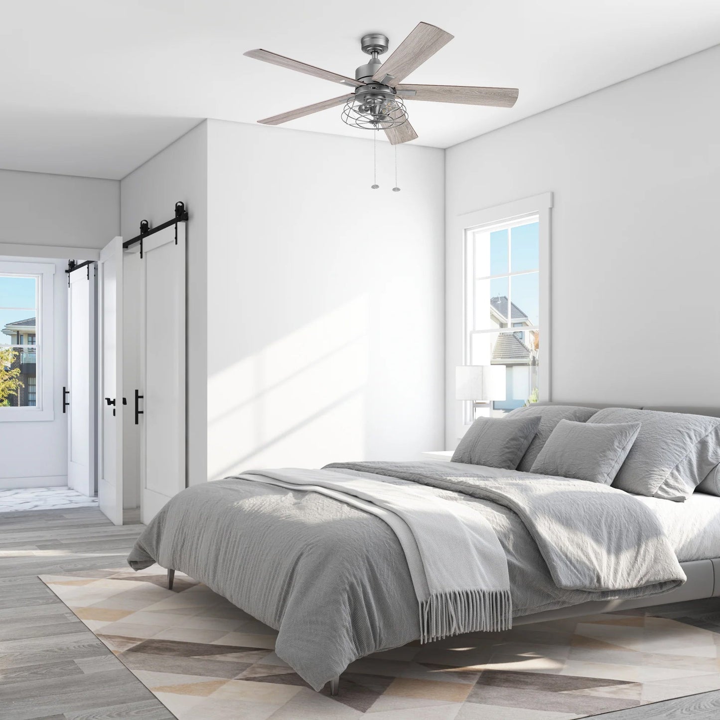 Prominence Home 52" Industrial Ceiling Fa, LED Light Pull Chain Marshall, Pewter