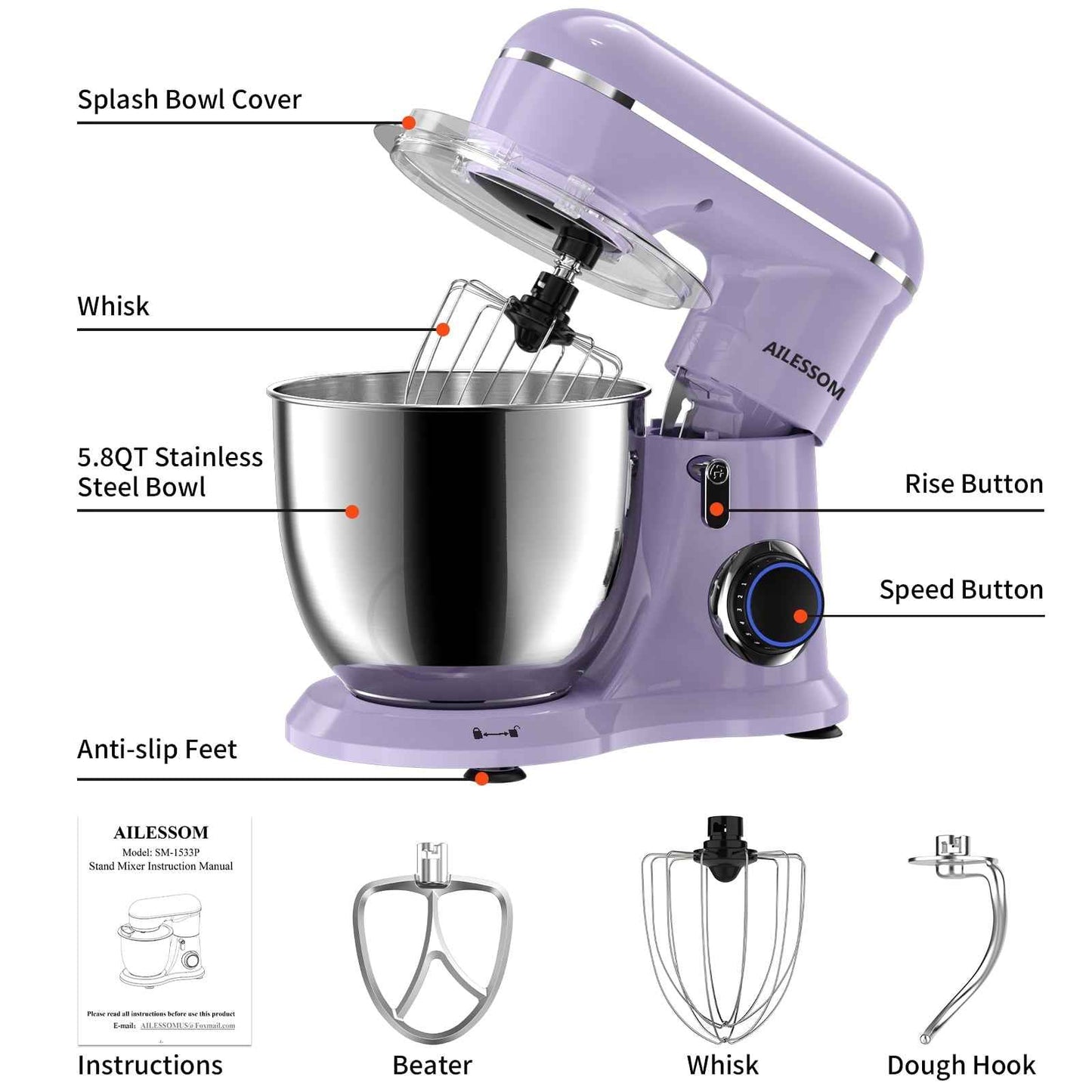 Ailessom New Stand Mixer,6.5-QT 10-Speed Tilt-Head Kitchen Electric Mixer with Bowl, Dough Hook, Beater, Whisk for Most Home Cooks, (Vine Purple)