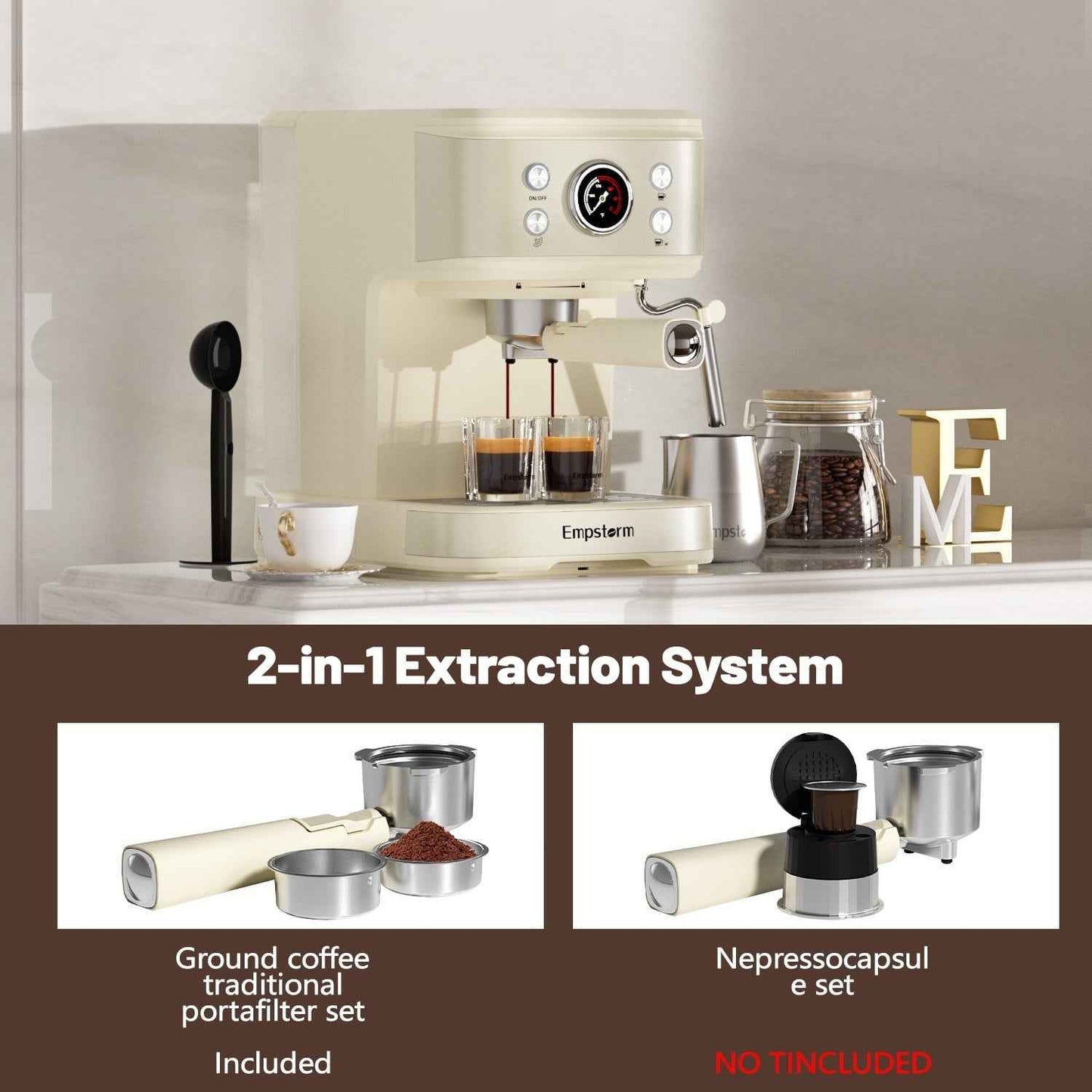 Empstorm 20 Bar Espresso Machine with Milk Frother Steam Wand, 3-in-1 Coffee Maker, Compatible with NS Pods, Stainless Steel, for Latte & Cappuccino, Beige