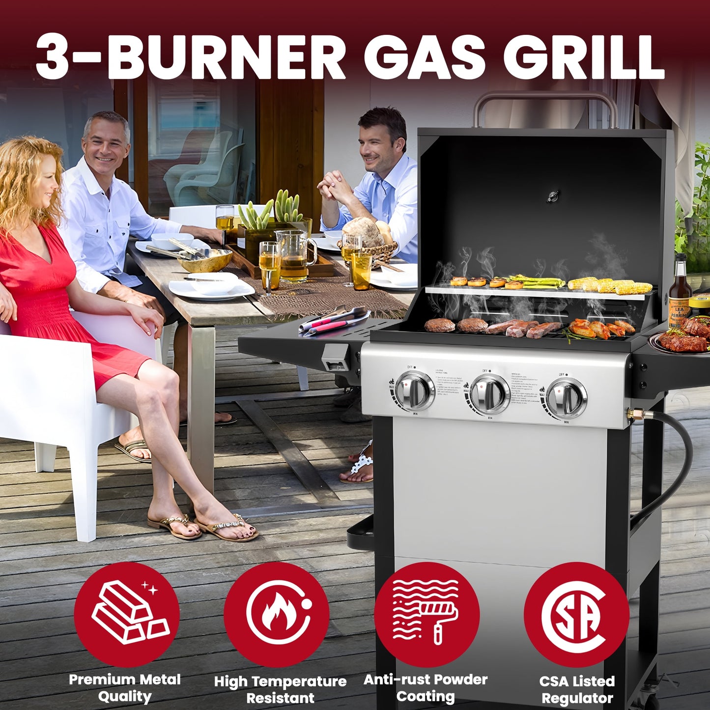 30000BTU Gas Grill, 3-Burner Grills with Built-in Thermometer & Side Table, Stainless Steel BBQ Grills for Outdoor Cooking
