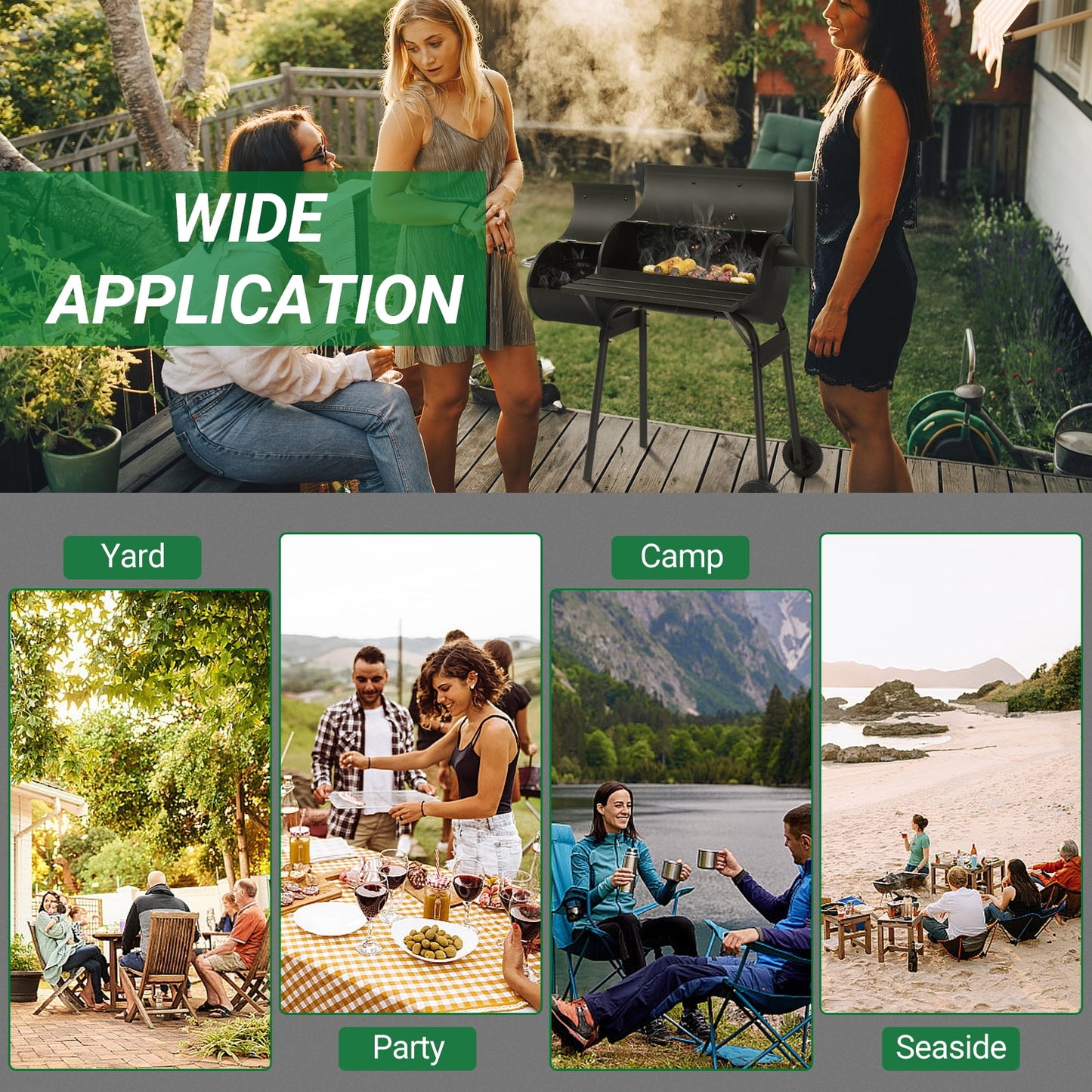 BBQ Charcoal Grill Outdoor Barbecue Pit with Offset Smoker Patio Backyard,Iron,Black