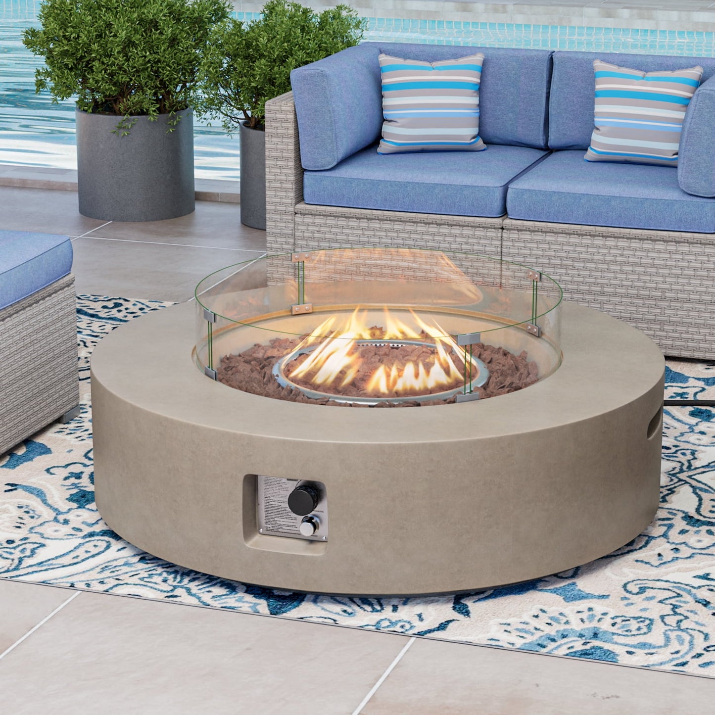 COSIEST Outdoor 40.5 inch Round Grey Propane Fire Pit Coffee Table w Wind Guard (Tank Outside)