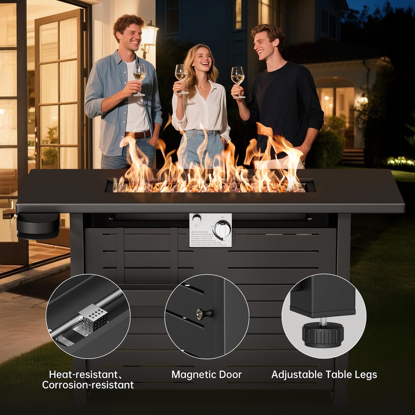 KingChii 45 inch Propane Fire Pit with Lid, Lava Stone, 60,000 BTU Steel Gas Fire Pit Table for Outdoor, Garden, Patio and Backyard, Black