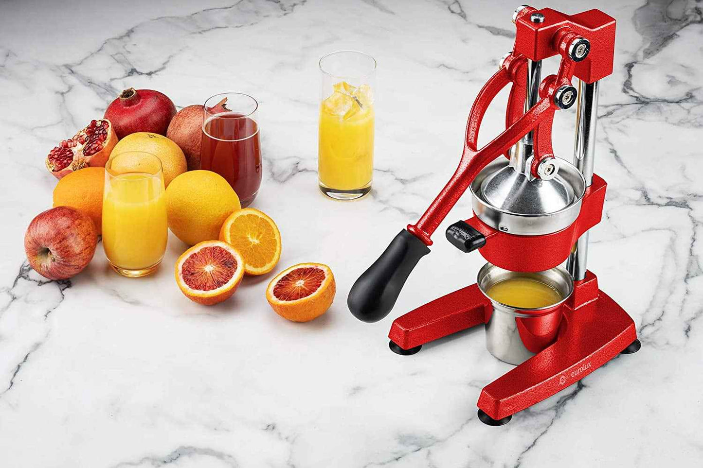 Eurolux Cast Iron Citrus Juicer | Commercial Grade Manual Hand Press | Countertop Squeezer for Fresh Fruit Juice (Bonus Stainless Steel Cup) (Red)