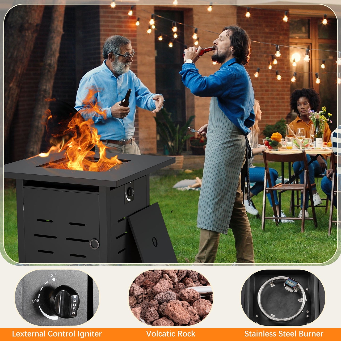 Walsunny 28 Inch Propane Gas Fire Pit Table 40000 BTU with Lid Square Firepit Table Lava Rock Fire Table with Waterproof Cover