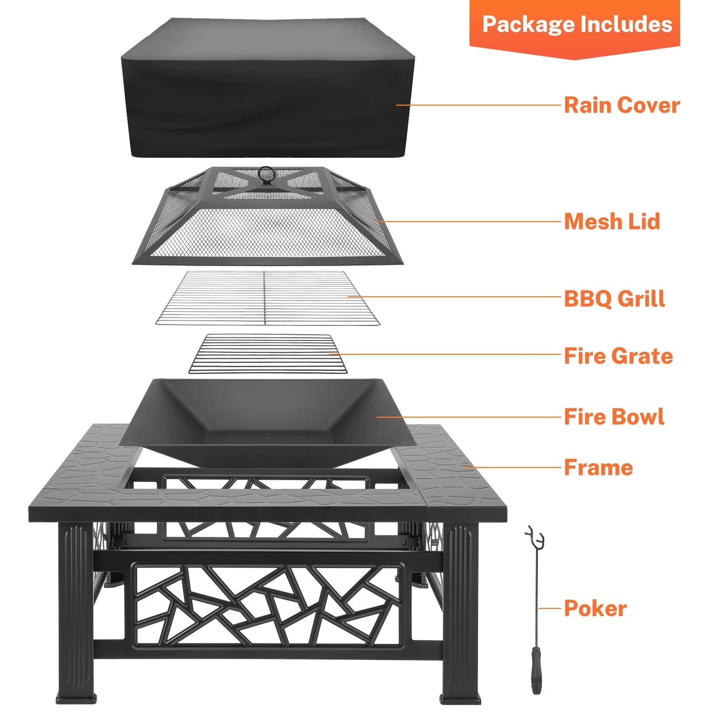 32" Fire Pits for Outside, SYNGAR Wood Burning Bonfire Fire Pit Table with Mesh Lid, Grate, BBQ Grill and Poker, Outdoor Metal Square Fire Pit for BBQ, Camping, Picnics, Backyard