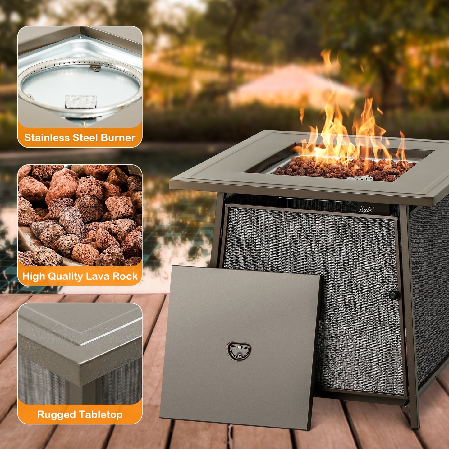 BALI OUTDOORS 28" Gas Fire Pit Table with Metal Lid and Lava Rocks, 50,000 BTU / Gray