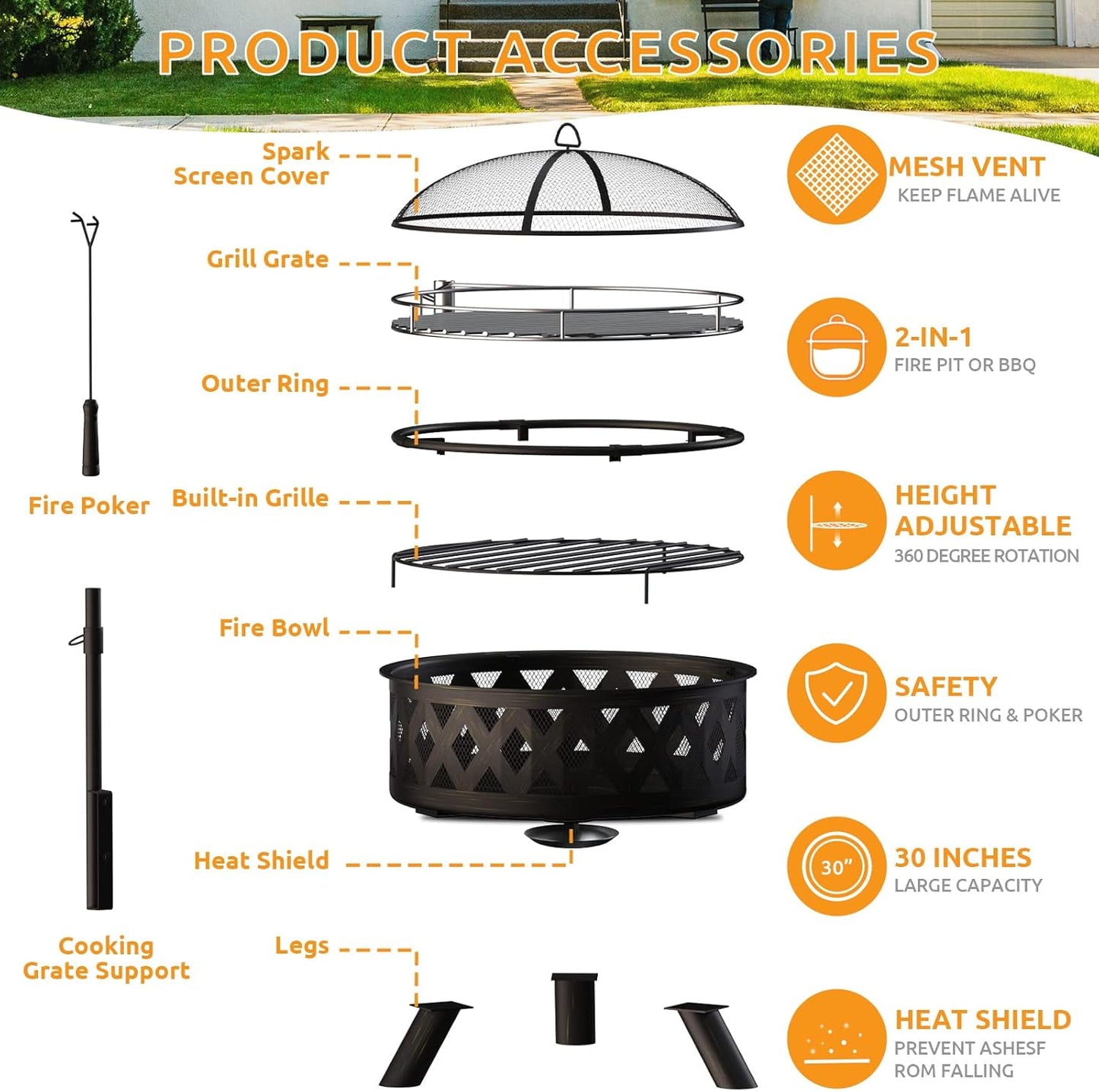 ELPOSUN Fire Pit for Outside 30 inch Outdoor Wood Burning Firepit Large Steel Firepit with protective cover for Backyard Bonfire Patio