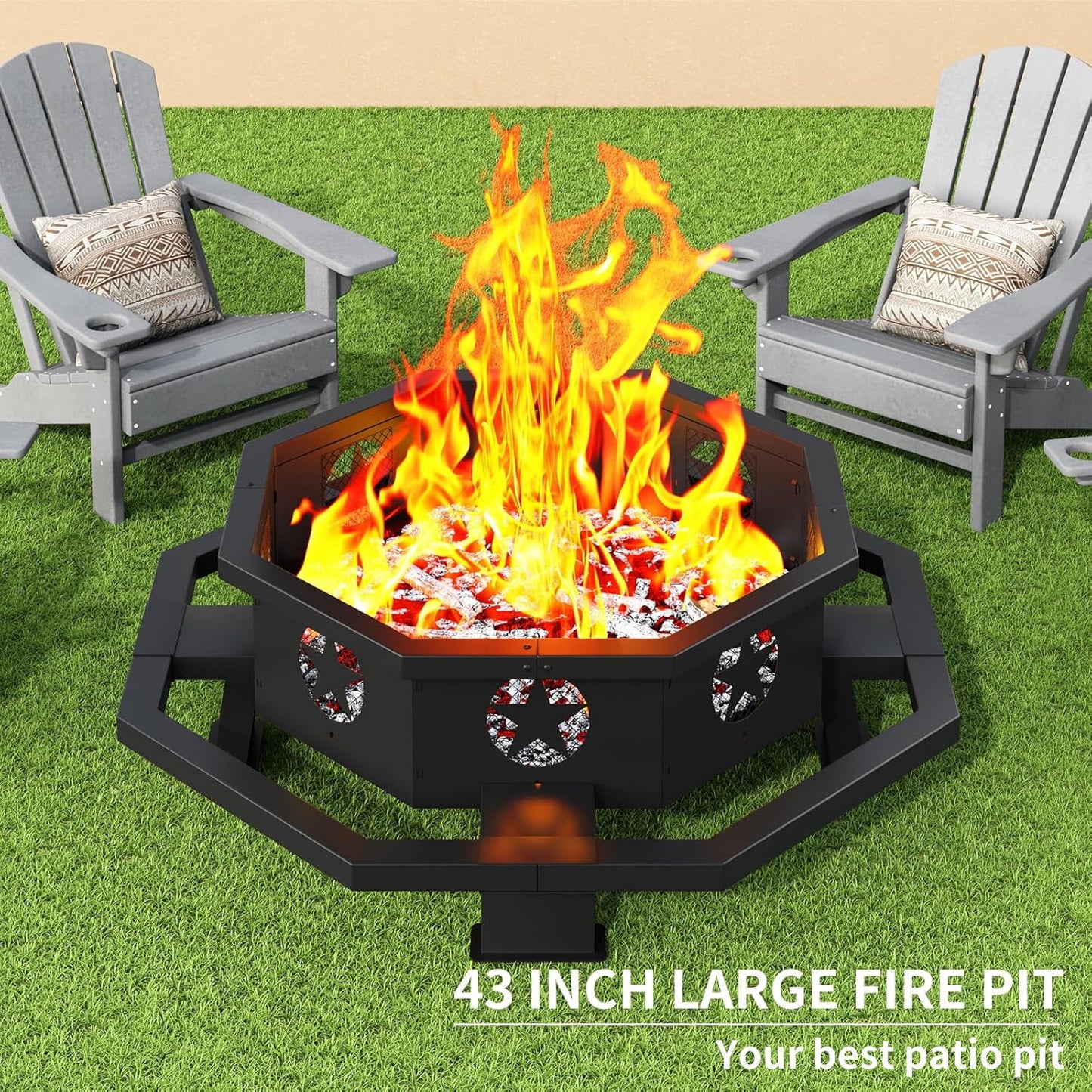 43 inch Fire Pit, Outdoor Wood Burning Fire Pit Octagonal Heavy Duty Firepit for Camping, Backyard, Patio, Black